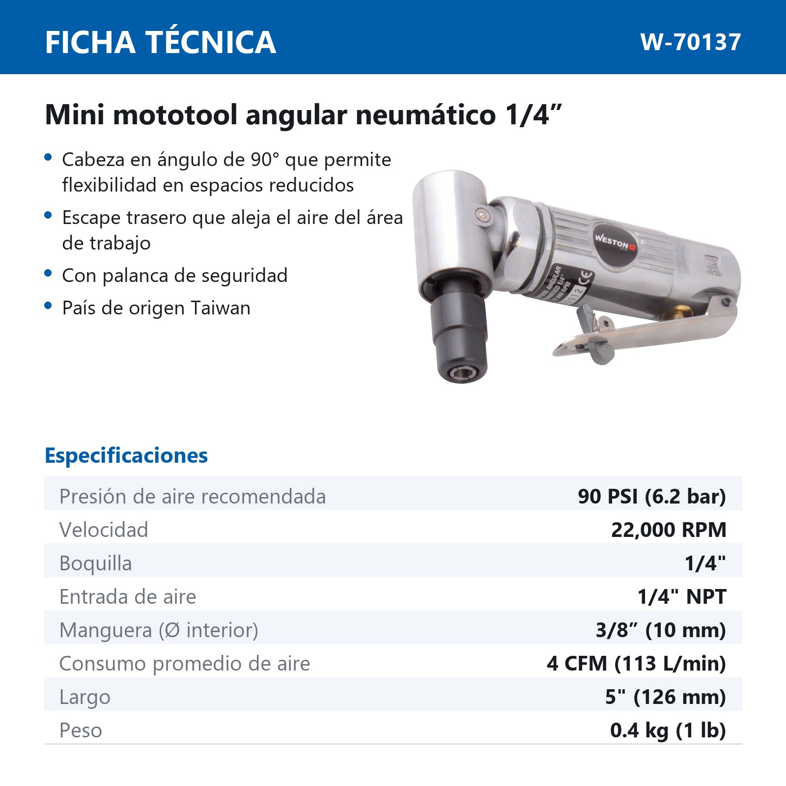 MINI MOTOTOOL ANGULAR NEUMATICO 1/4" WESTON PLUS - Imagen 2