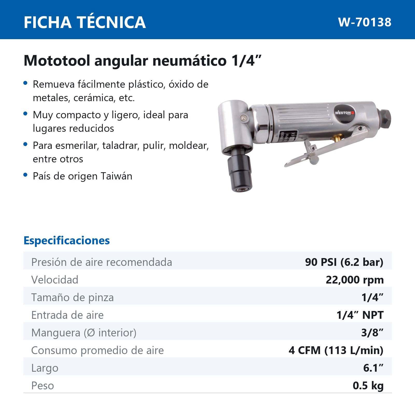 MOTOTOOL NEUMATICA 1/4" WESTON PLUS ANGULAR - Imagen 4