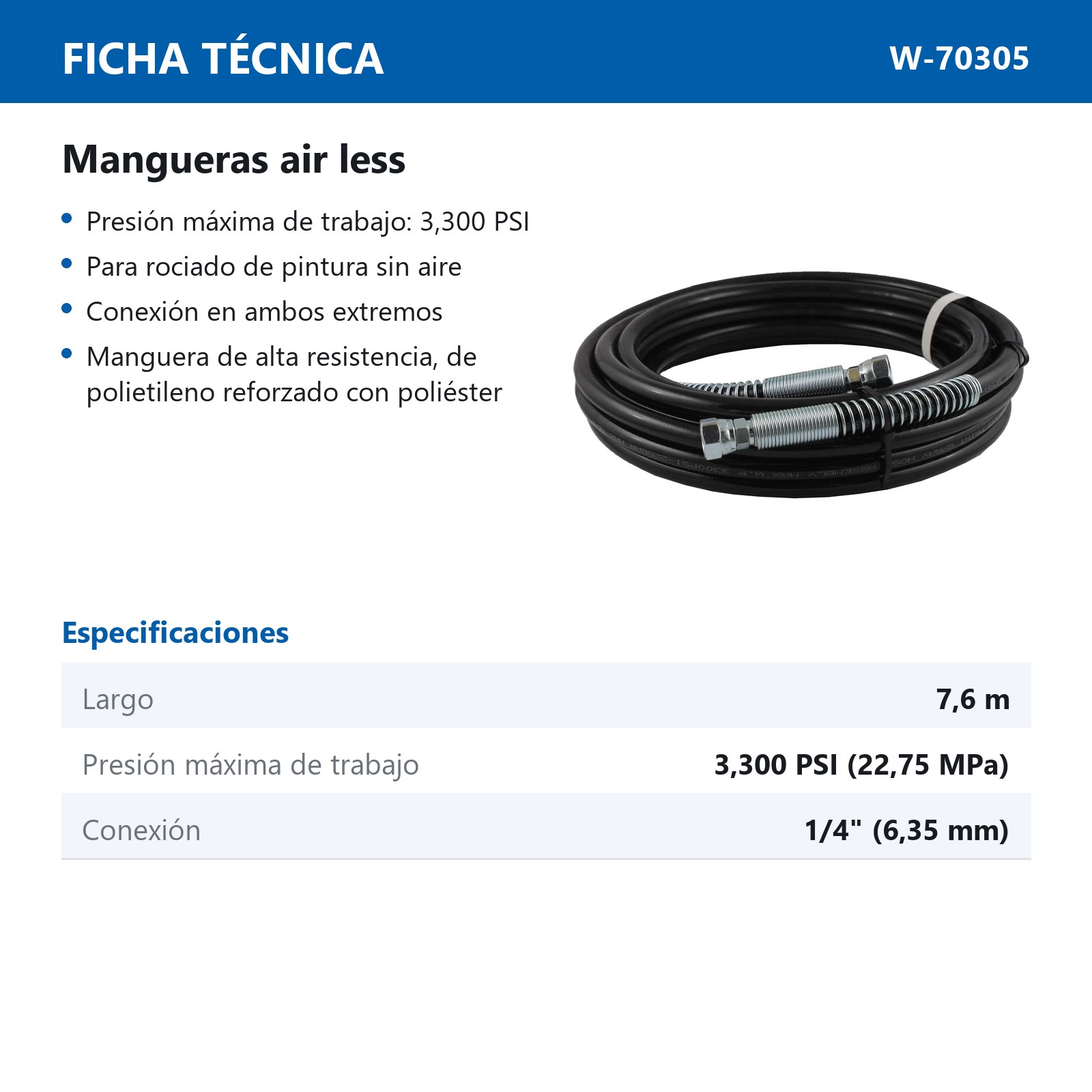 MANGUERA AIRLESS D/ALTA PRESION DE 7.6M ENTRADA 1/4'' - Imagen 4