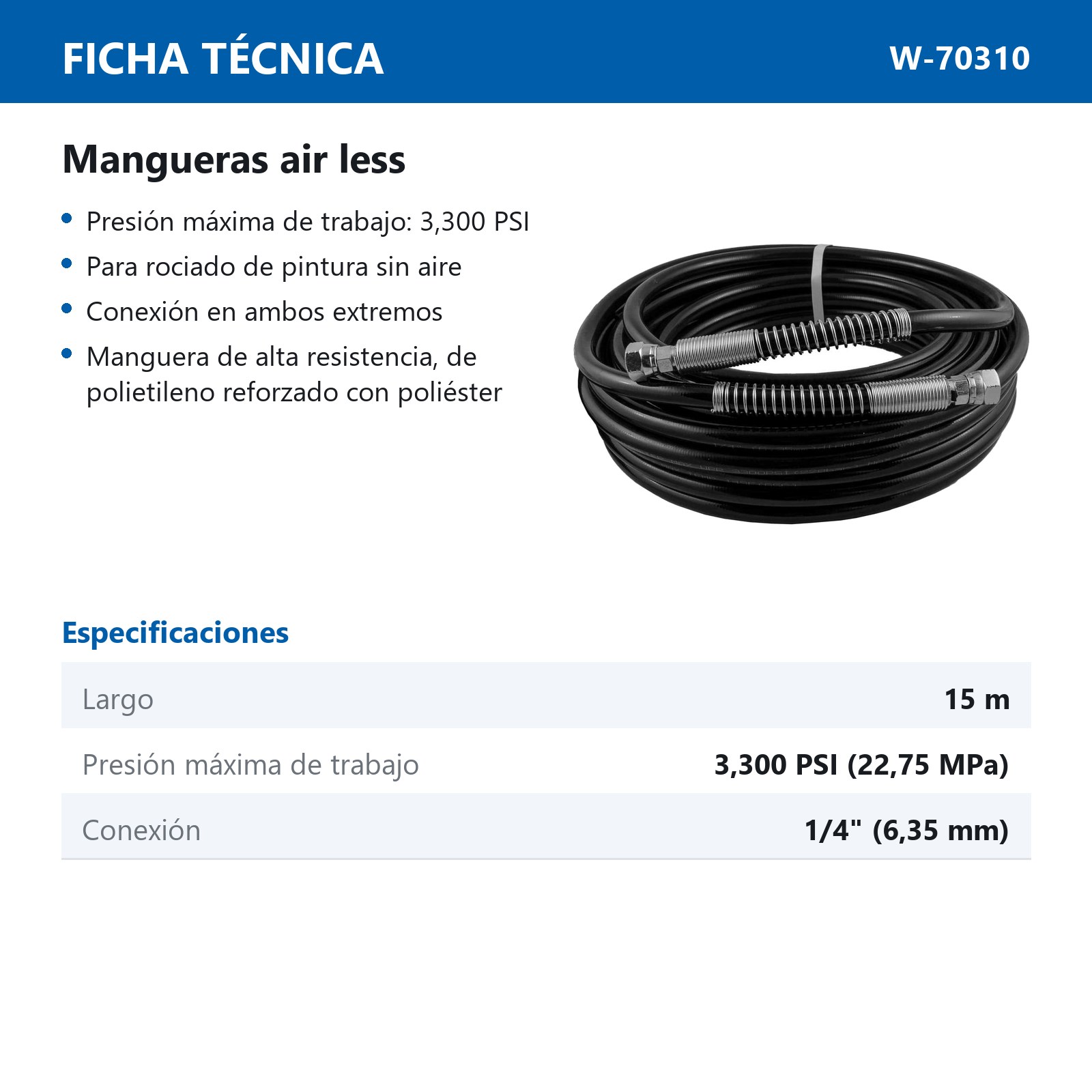 MANGUERA AIRLESS D/ALTA PRESION DE 15M ENTRADA 1/4'' - Imagen 4