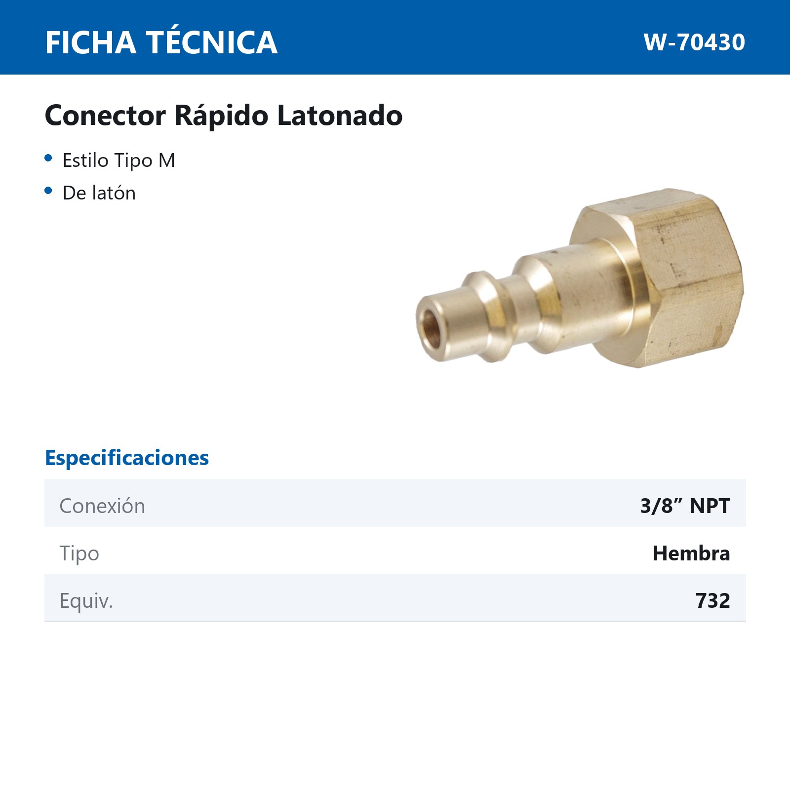 CONECTOR RAPIDO LATONADO HEMBRA 3/8'' NPT (GRANEL) - Imagen 2