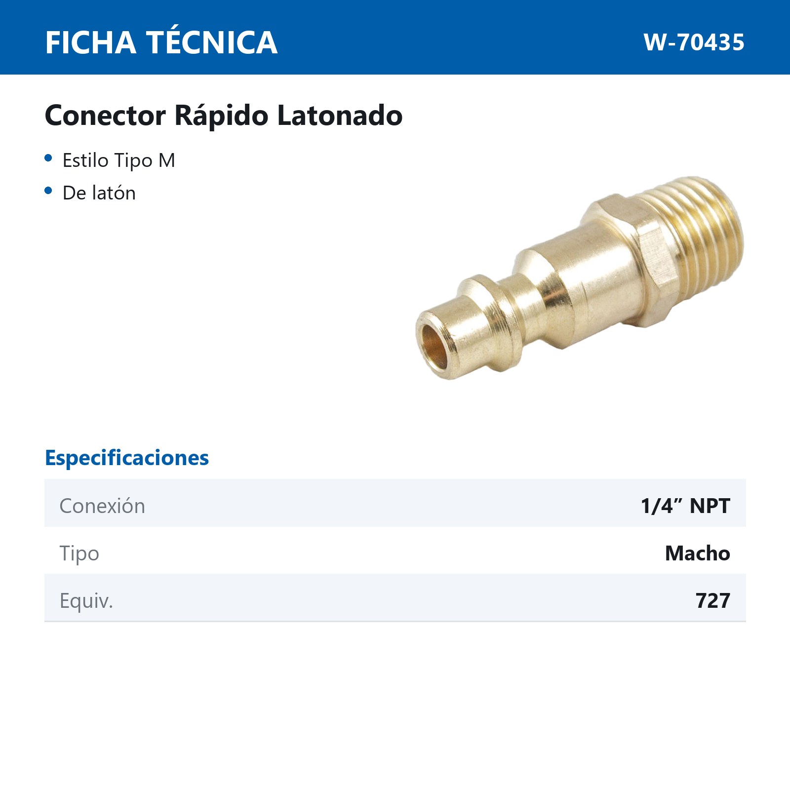 CONECTOR RAPIDO LATONADO MACHO 1/4'' NPT (GRANEL) - Imagen 2