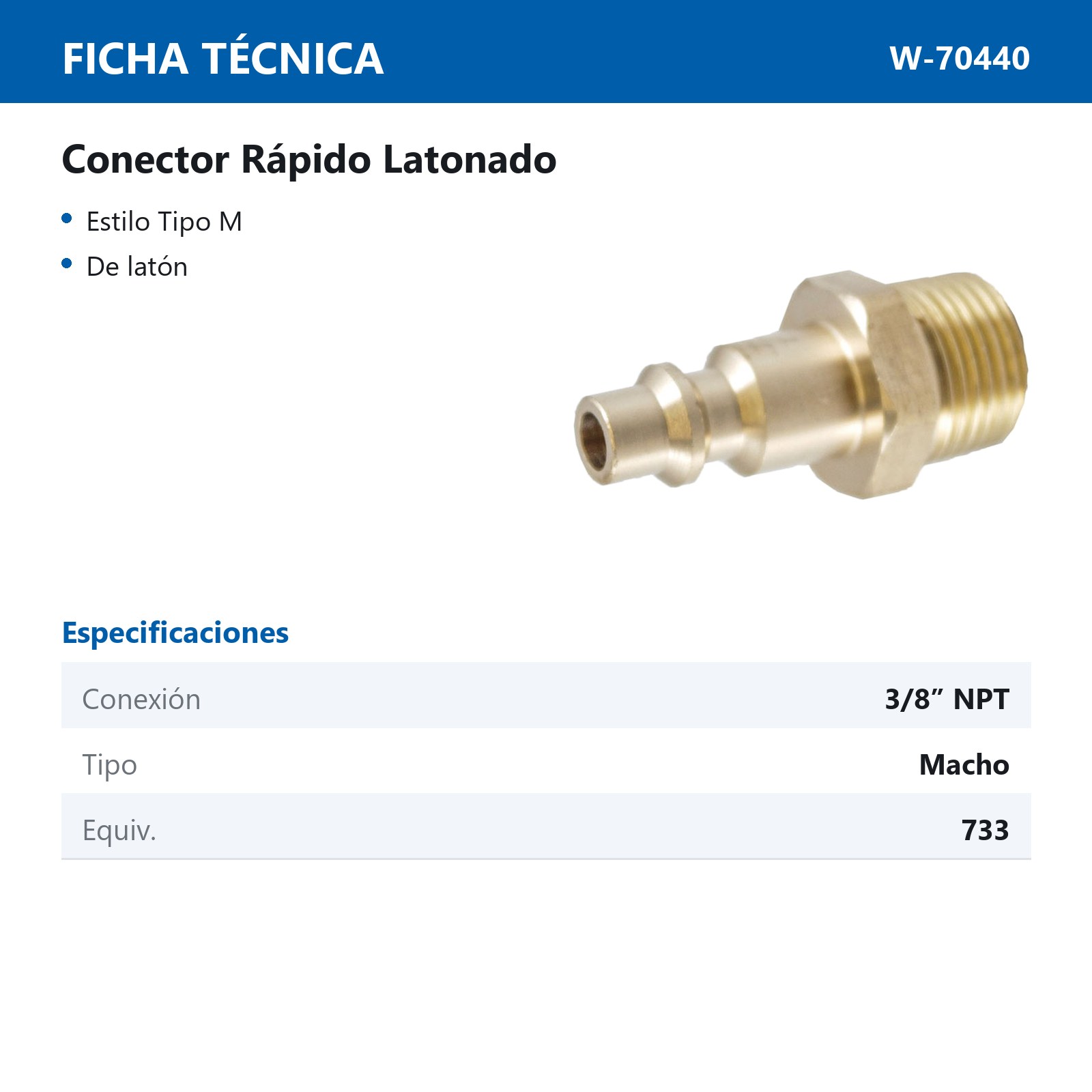 CONECTOR RAPIDO LATONADO MACHO 3/8'' NPT (GRANEL) - Imagen 2