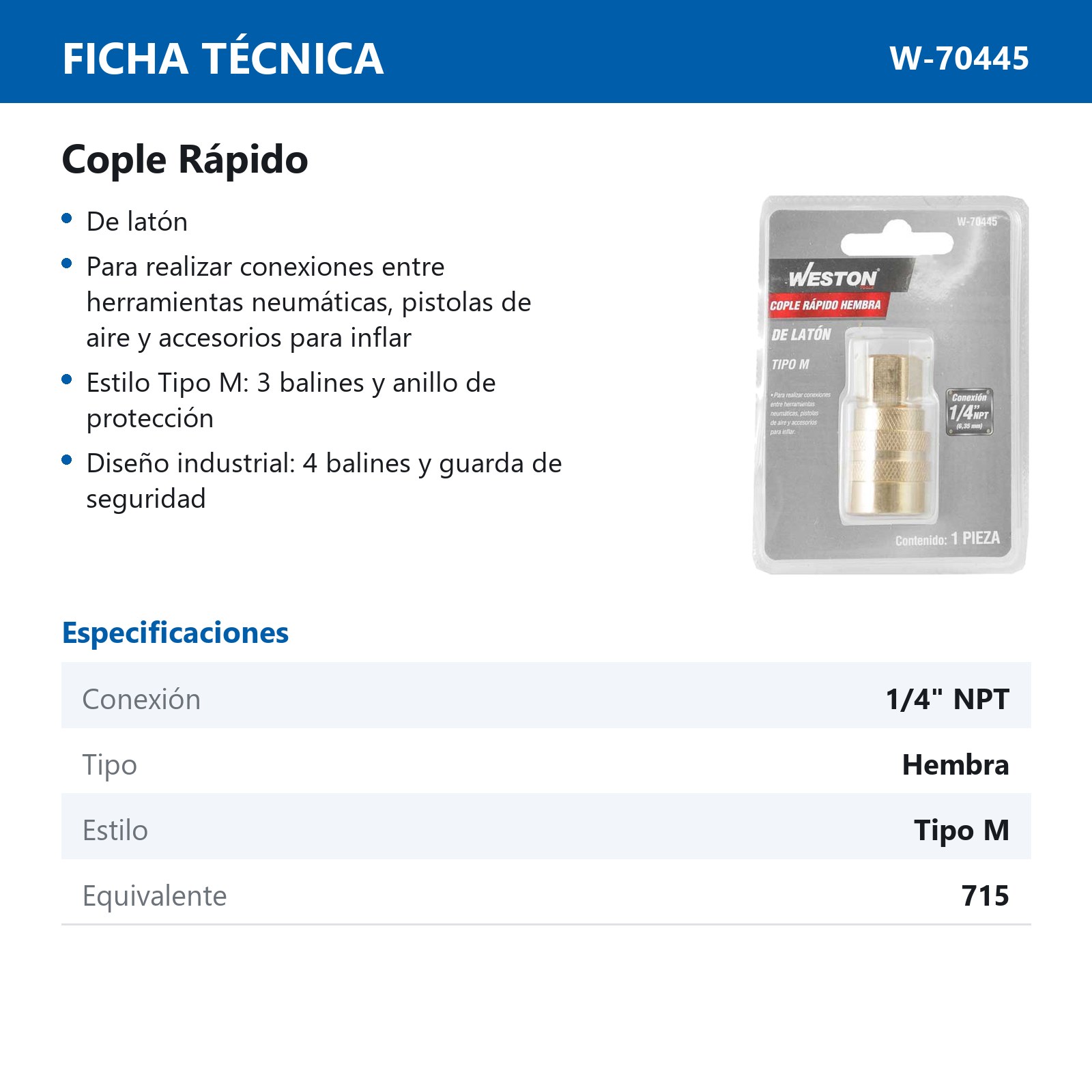 COPLE RAPIDO DE LATON HEMBRA 1/4'' NPT - Imagen 2