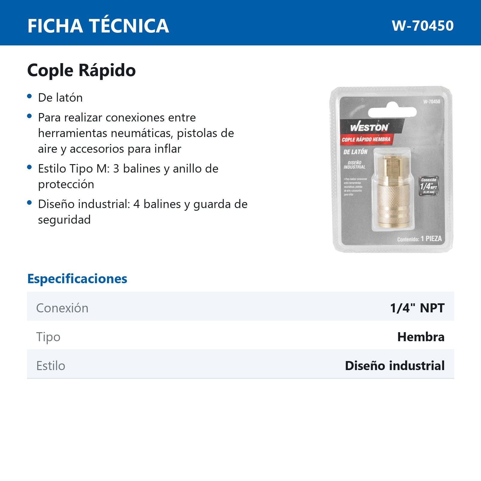 COPLE DE LATON HEMBRA 1/4'' NPT INDUSTRIAL - Imagen 2
