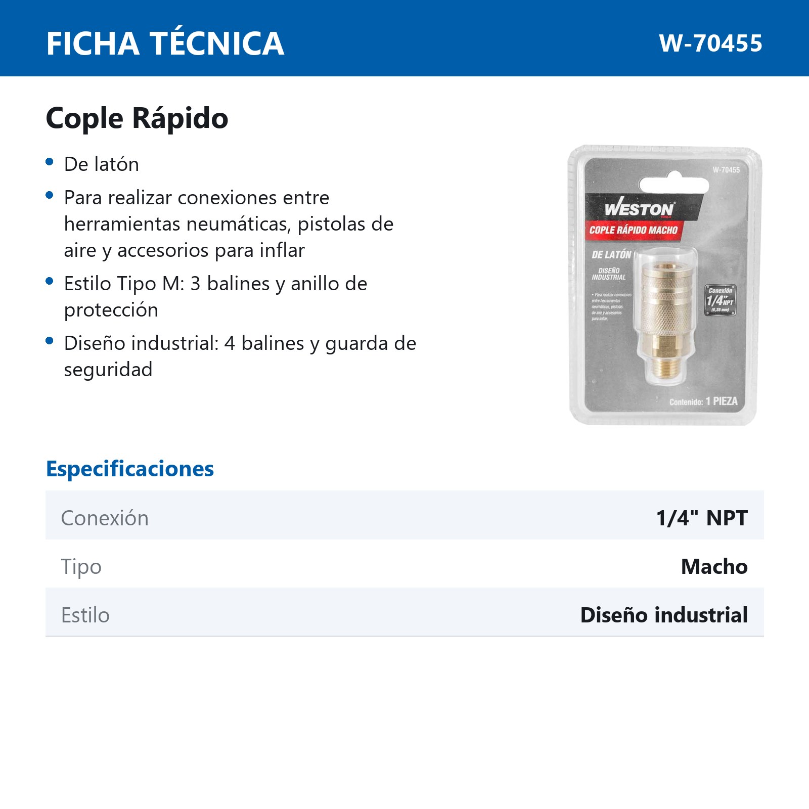 COPLE DE LATON MACHO 1/4'' NPT INDUSTRIAL - Imagen 2