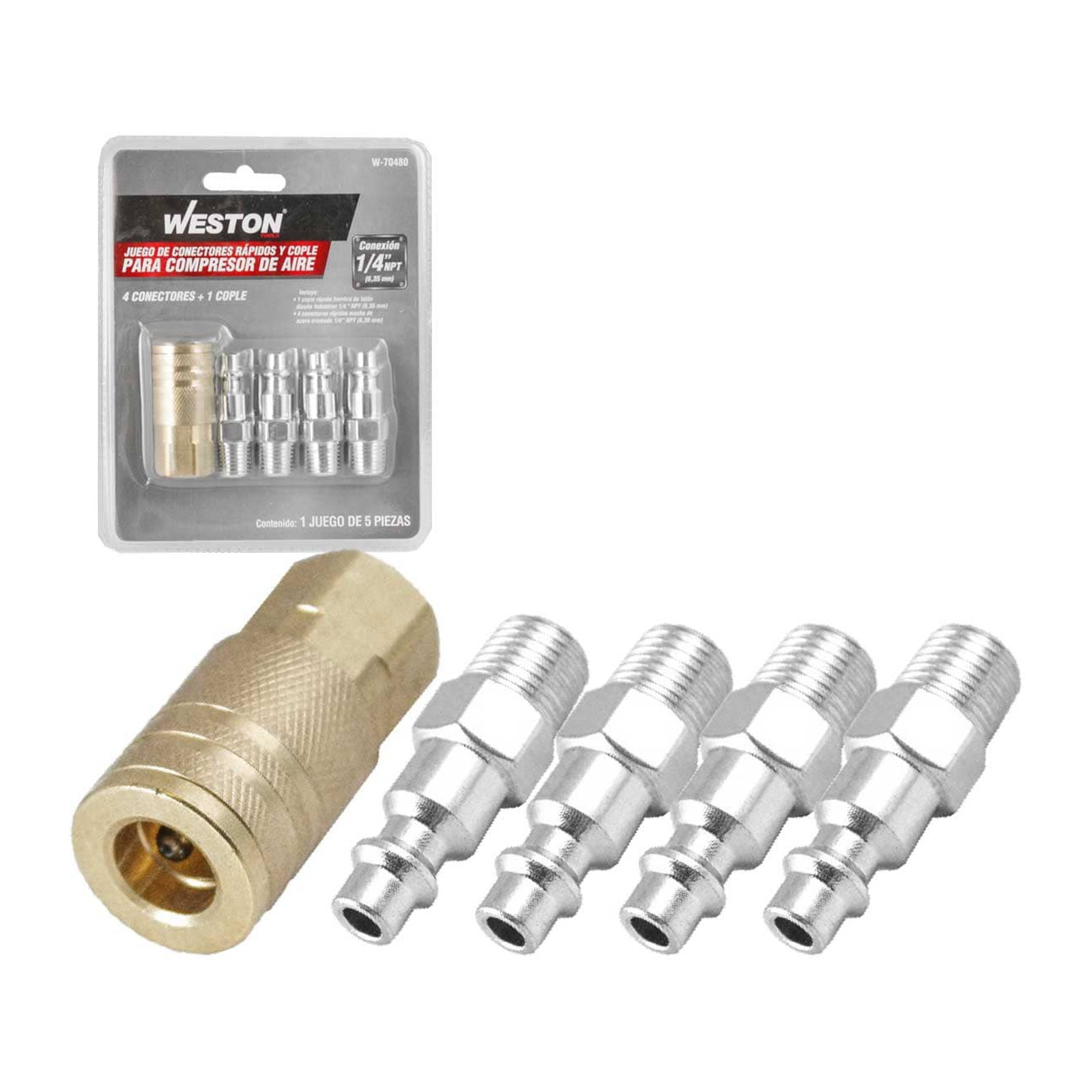 Juego de 4 Conectores Rápidos y 1 Cople para Compresor de Aire 1/4" Weston