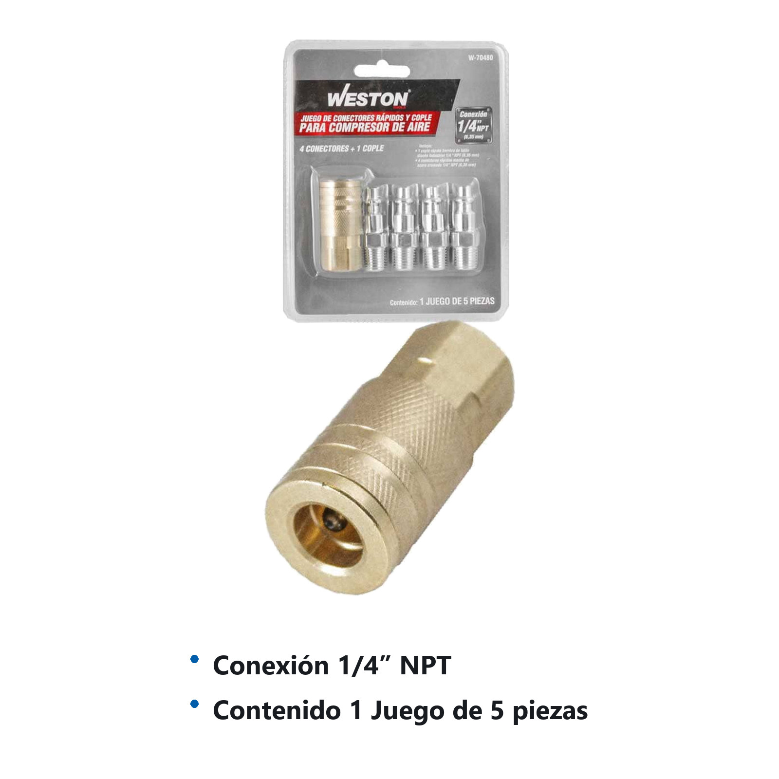 JUEGO DE 4 CONECTORES RAPIDOS Y 1 COPLE PARA COMPRESOR DE AIRE 1/4'' - Imagen 2