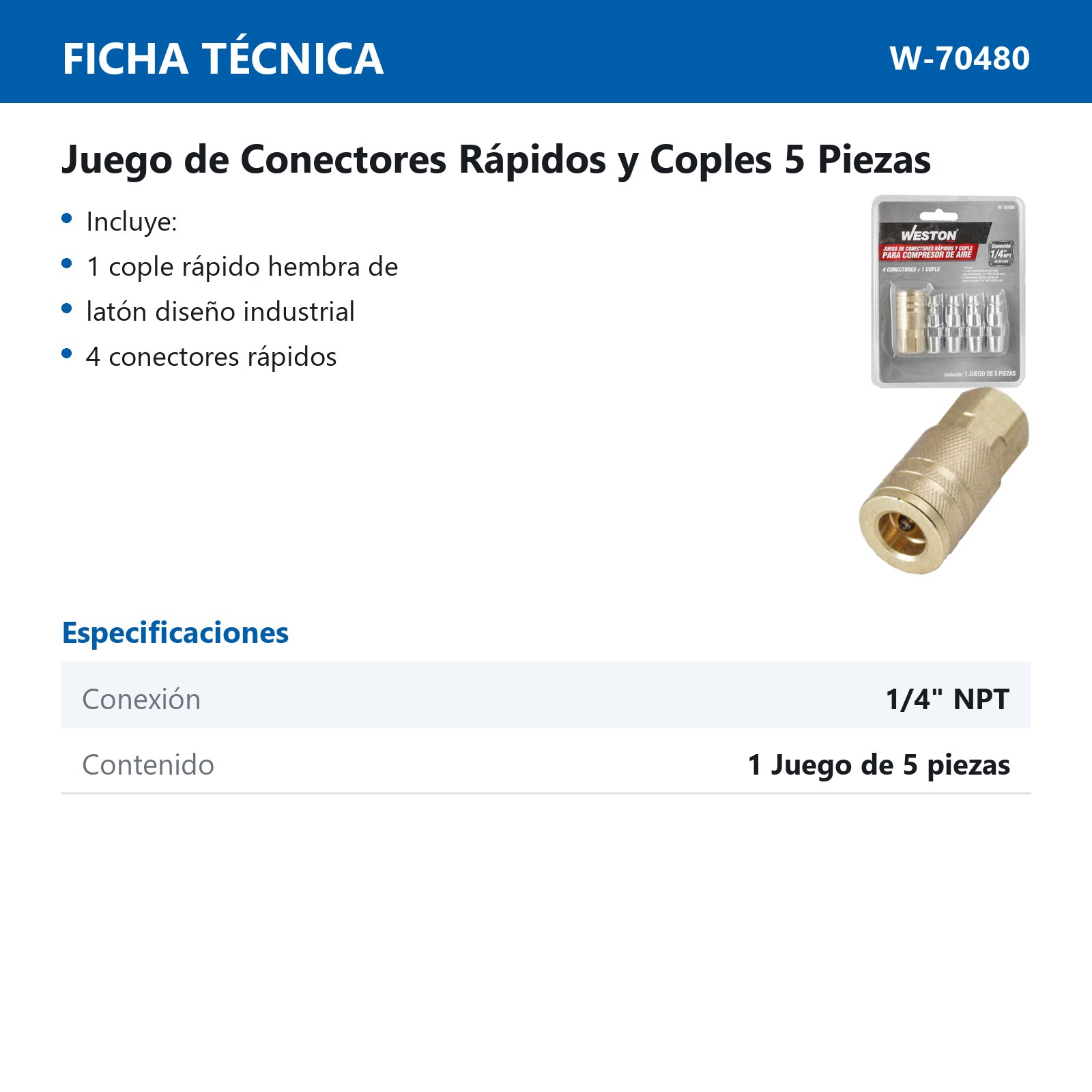 JUEGO DE 4 CONECTORES RAPIDOS Y 1 COPLE PARA COMPRESOR DE AIRE 1/4'' - Imagen 2