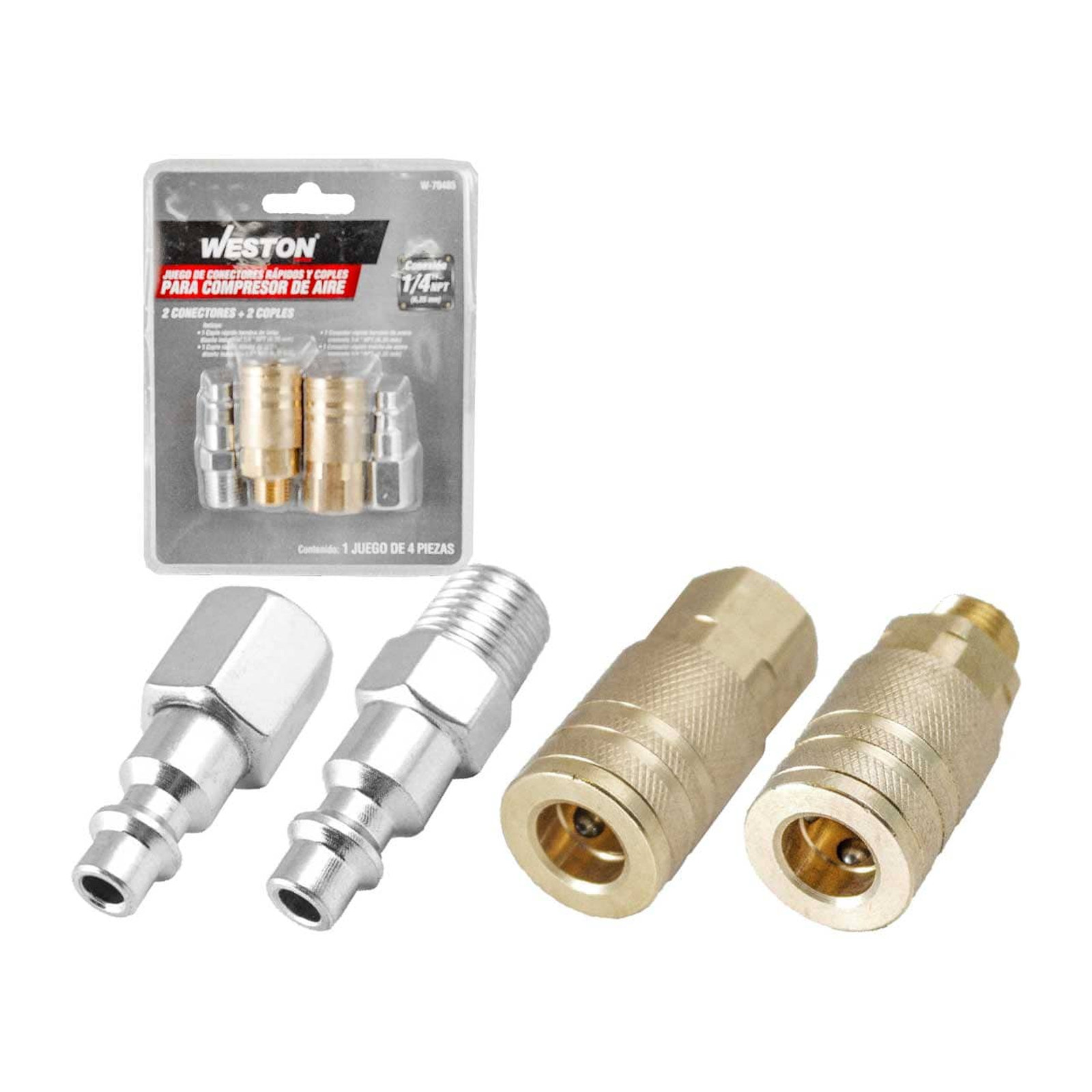 Juego de 2 Conectores Rápidos y 2 Coples para Compresor de Aire 1/4" NPT Weston