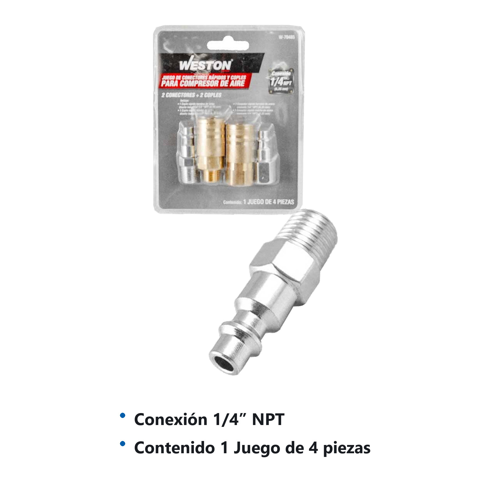 JUEGO DE 2 CONECTORES RAPIDOS Y 2 COPLES PARA COMPRESOR DE AIRE 1/4'' NPT - Imagen 2