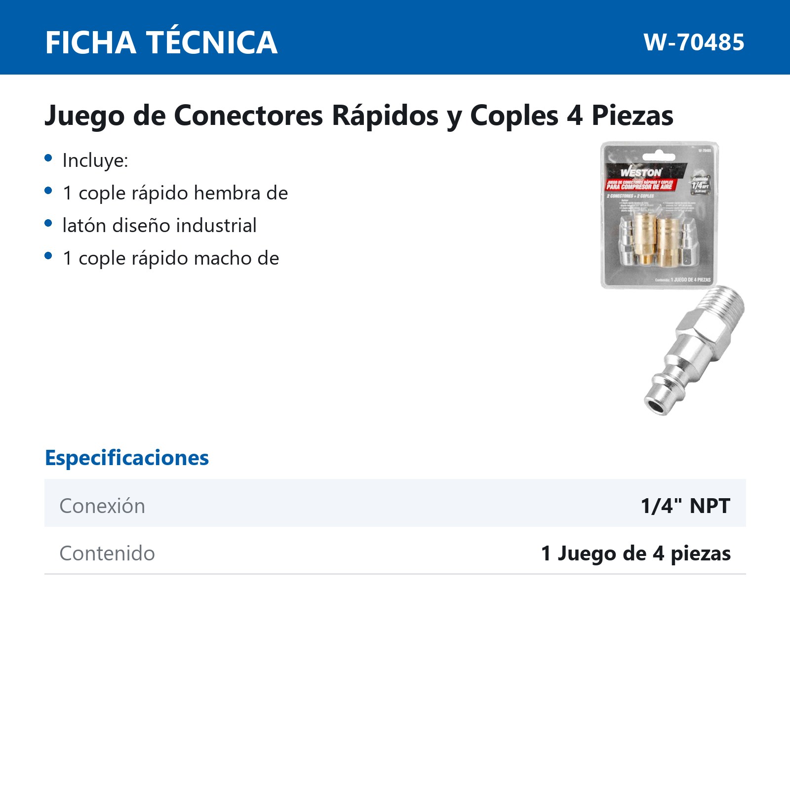 JUEGO DE 2 CONECTORES RAPIDOS Y 2 COPLES PARA COMPRESOR DE AIRE 1/4'' NPT - Imagen 2