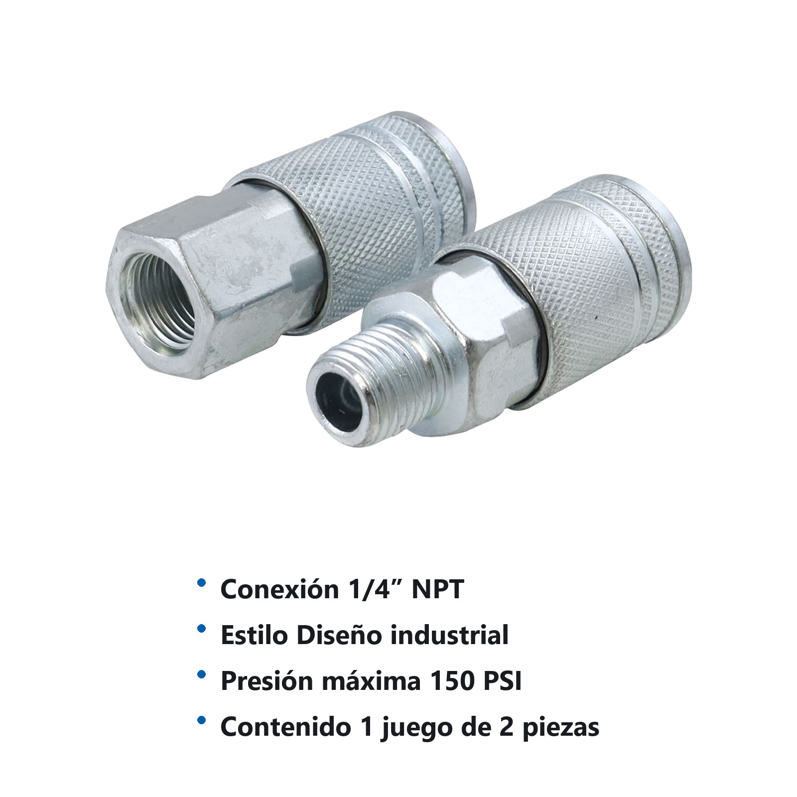 JUEGO DE COPLES RAPIDO MACHO/HEMBRA DE ACERO CROMADO 1/4" NPT INDUSTRIAL - Imagen 4