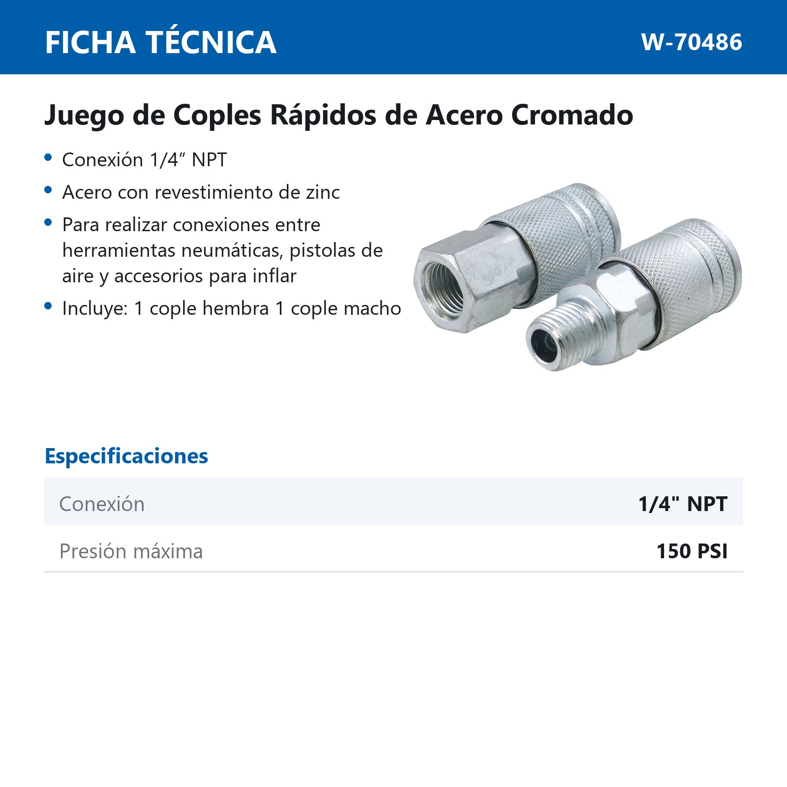 JUEGO DE COPLES RAPIDO MACHO/HEMBRA DE ACERO CROMADO 1/4" NPT INDUSTRIAL - Imagen 4