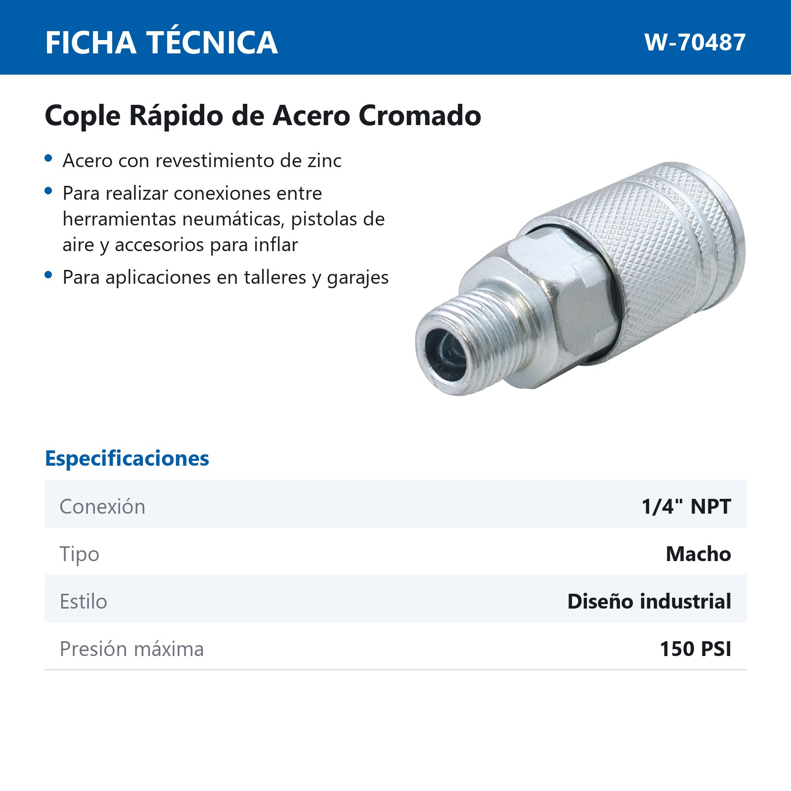 COPLE RAPIDO DE ACERO CROMADO MACHO 1/4" NPT INDUSTRIAL - Imagen 4