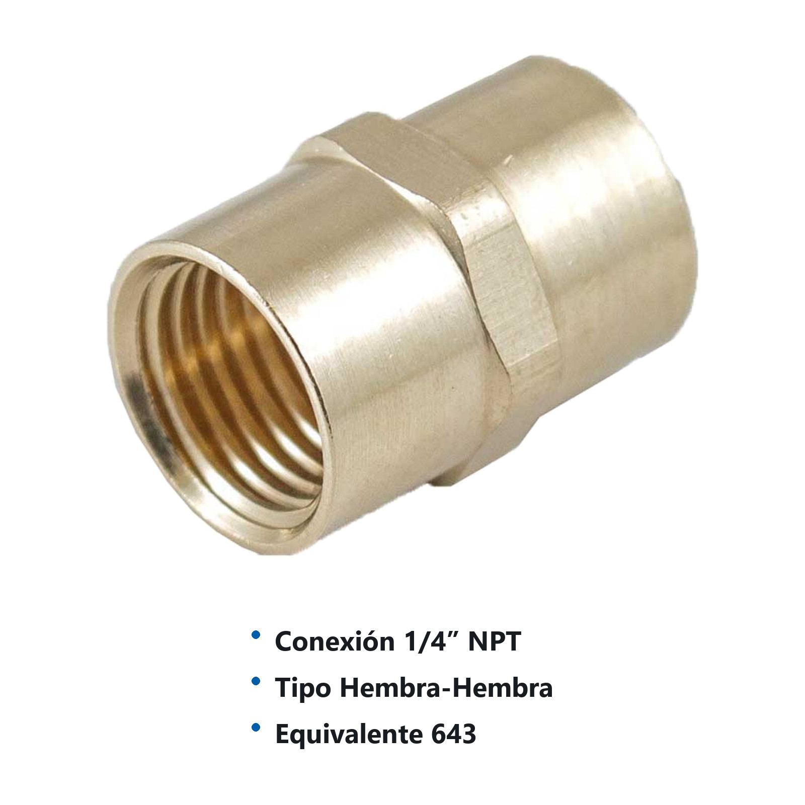 COPLE DE LATON 1/4'' NPT HEMBRA-HEMBRA - Imagen 2