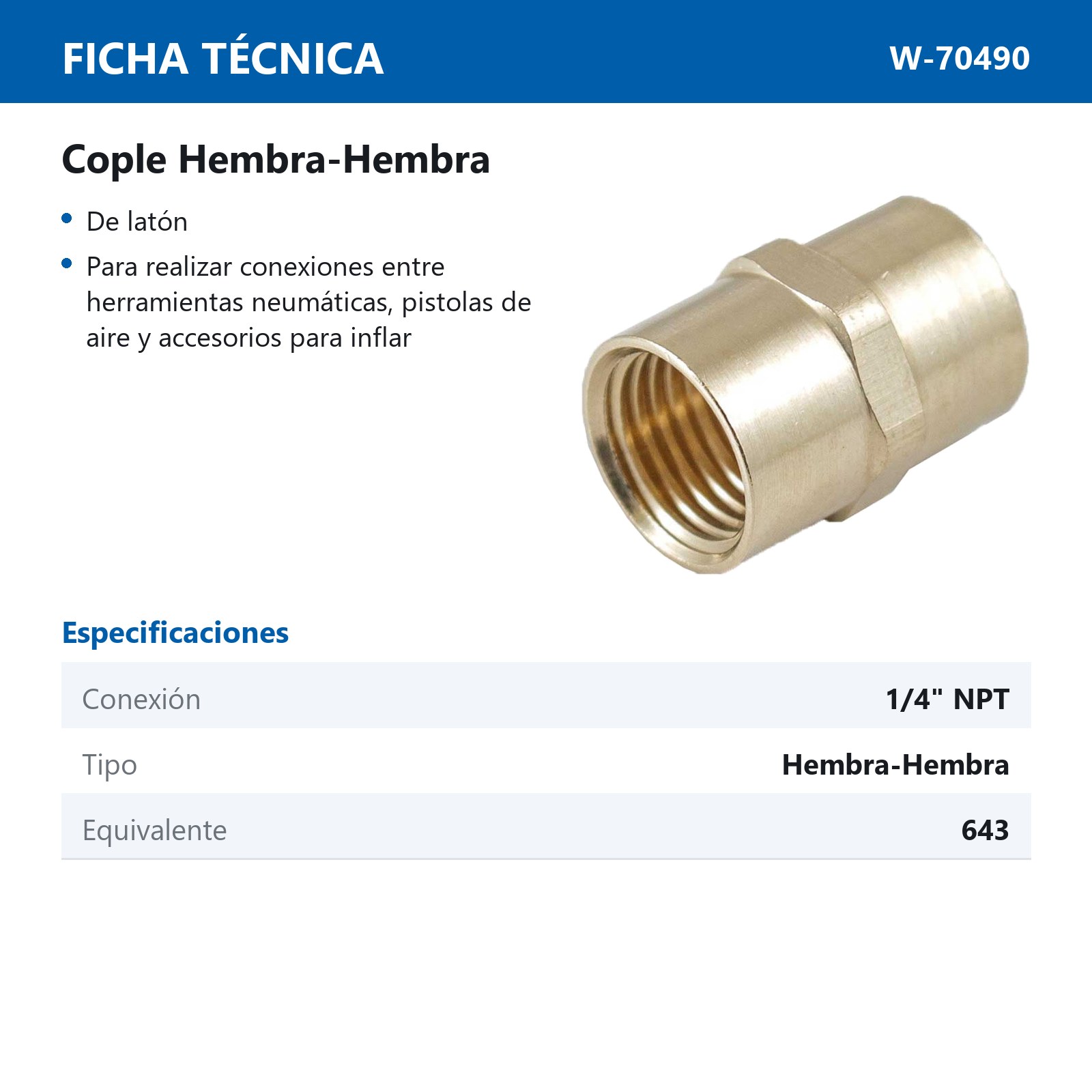 COPLE DE LATON 1/4'' NPT HEMBRA-HEMBRA - Imagen 2