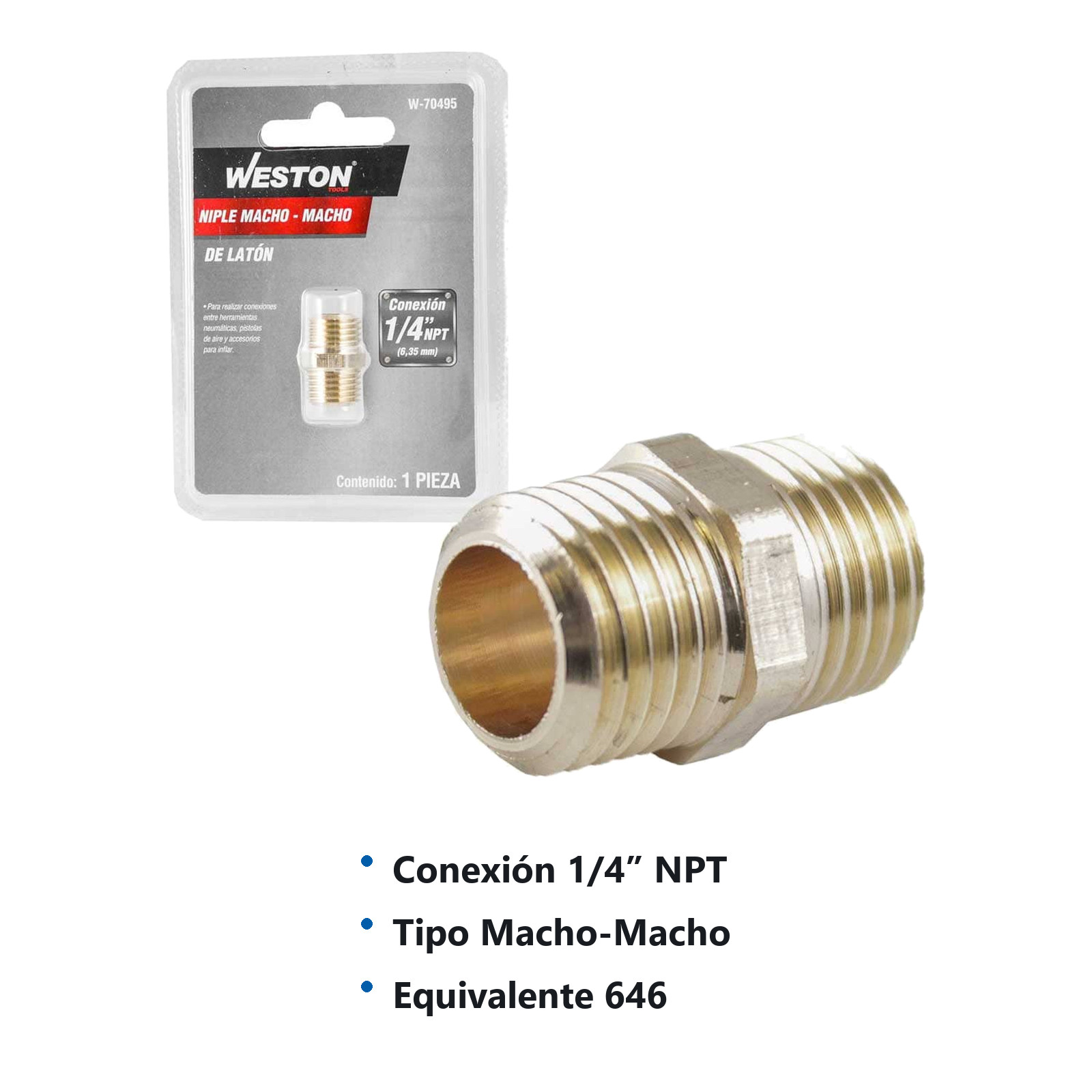 NIPLE DE LATON 1/4'' NPT MACHO-MACHO - Imagen 2