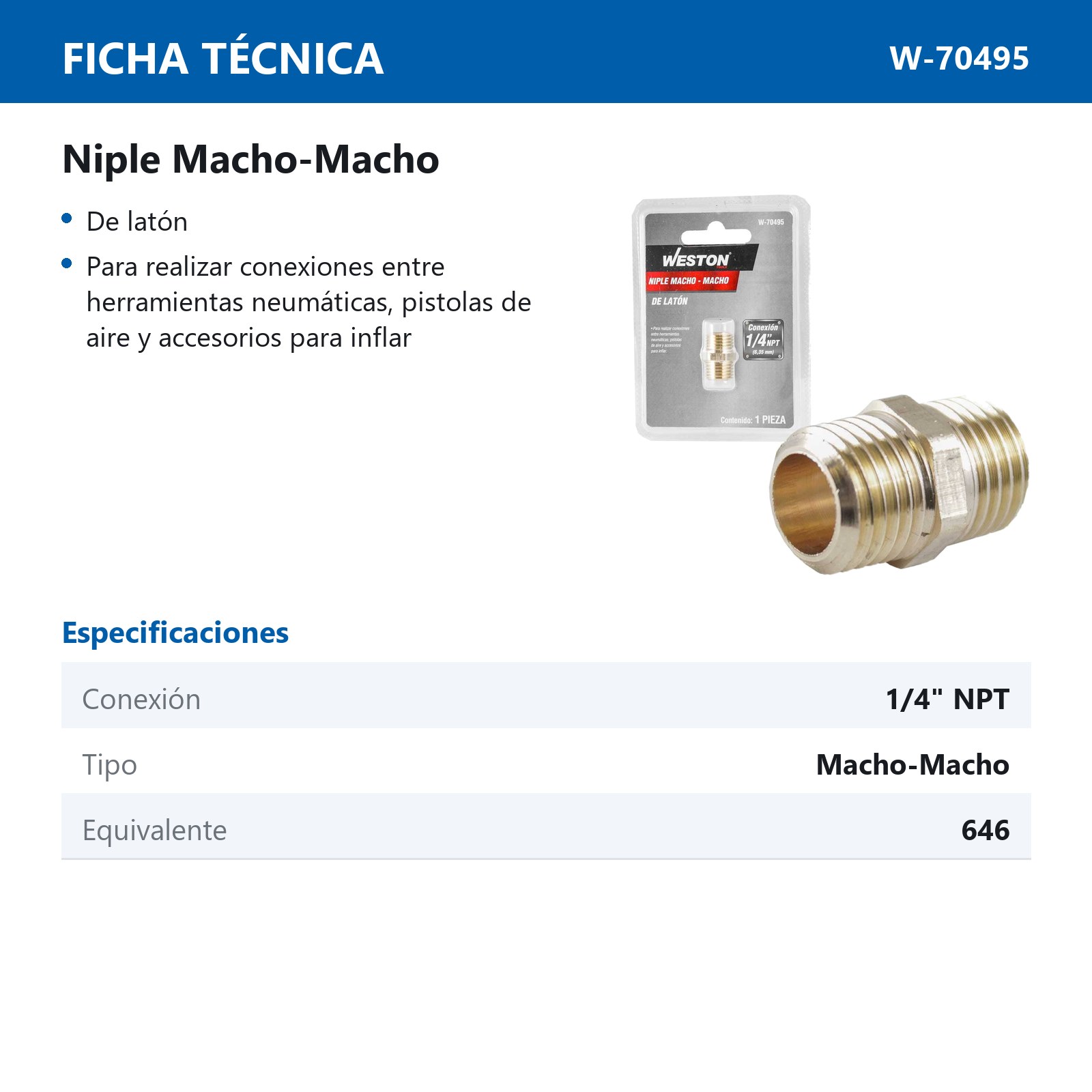 NIPLE DE LATON 1/4'' NPT MACHO-MACHO - Imagen 2
