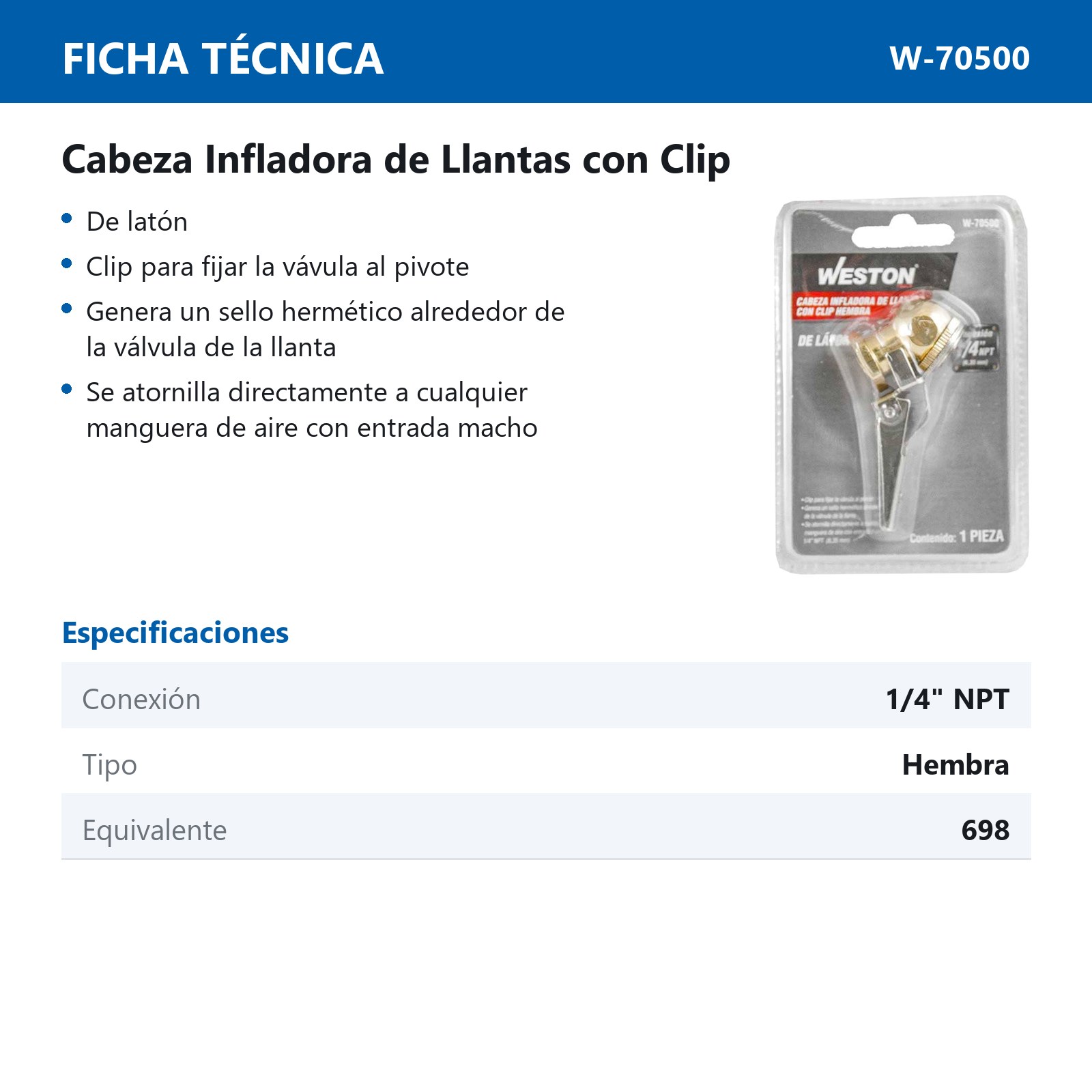 INFLADOR DE LATON CON CLIP HEMBRA 1/4'' NPT - Imagen 3