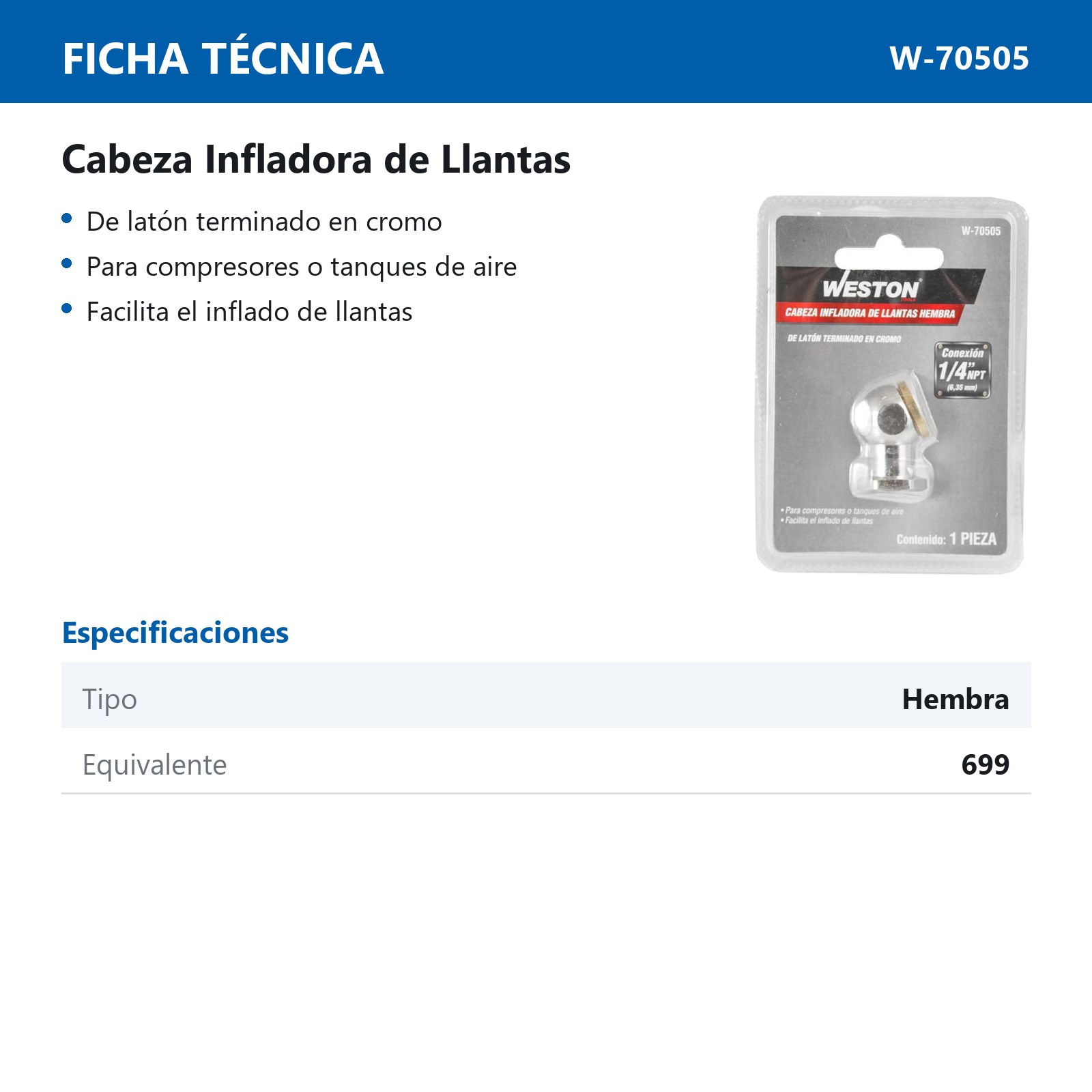 INFLADOR CABEZA SENCILLA HEMBRA 1/4'' NPT - Imagen 3