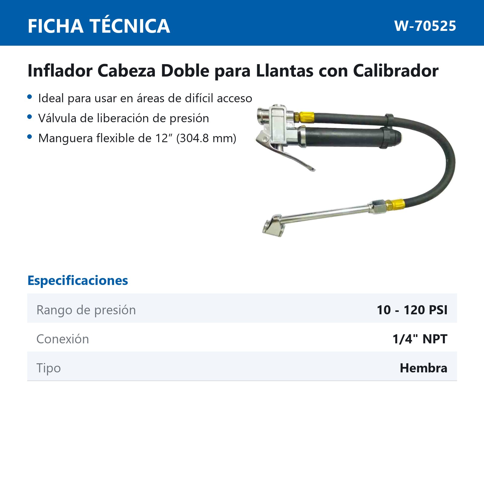 INFLADOR CABEZA DOBLE CON CALIBRADOR DE METAL 10 - 120PSI 1/4'' NPT - Imagen 2