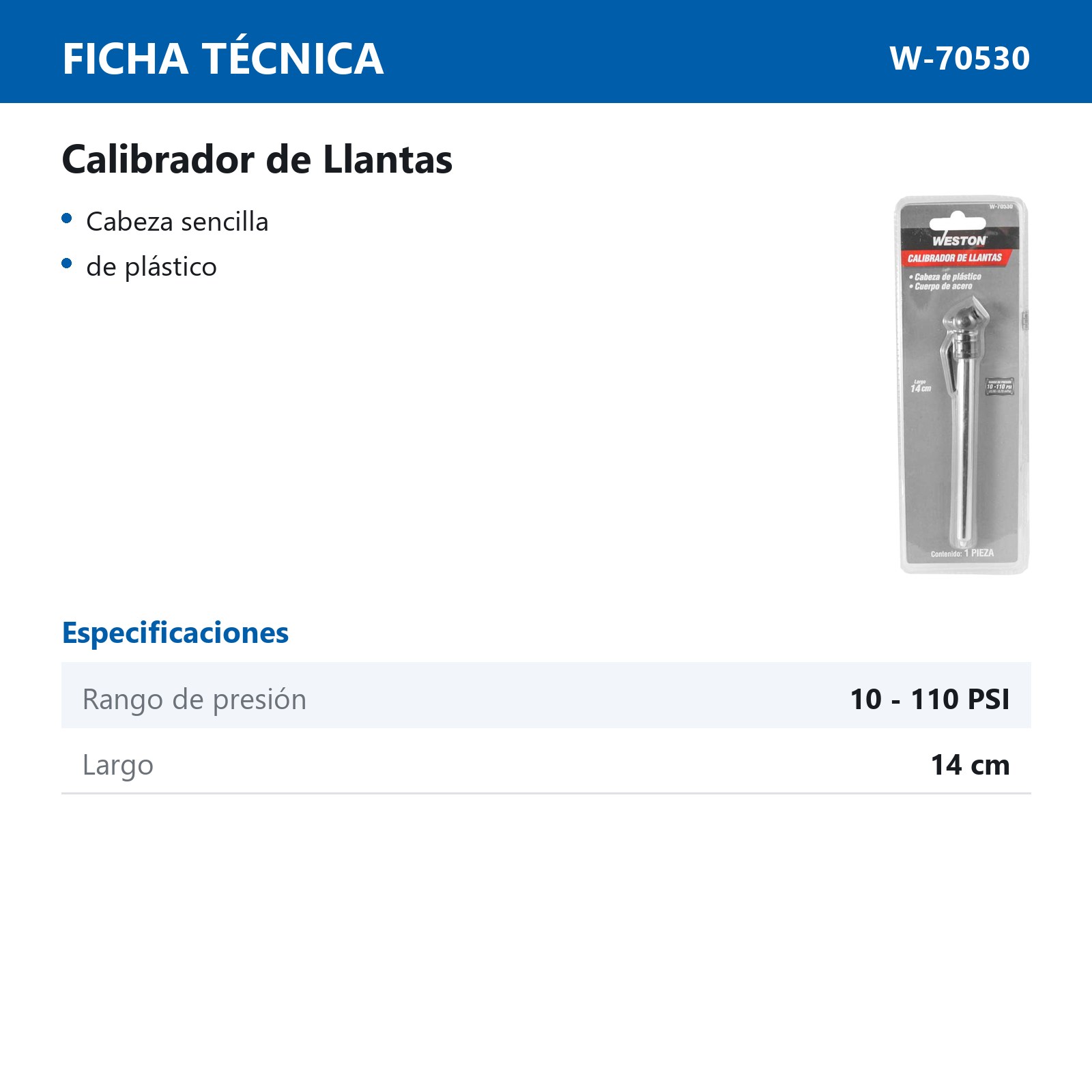 CALIBRADOR DE LLANTAS CABEZA D/PLASTICO 10-110 PSI - Imagen 4