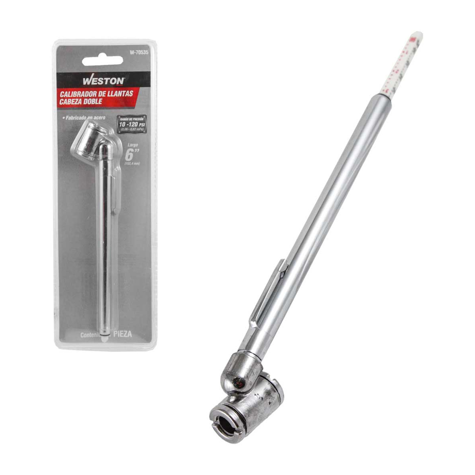 Calibrador de Llantas Cabeza Doble de Metal con Clip 10-120 PSI 6" Weston