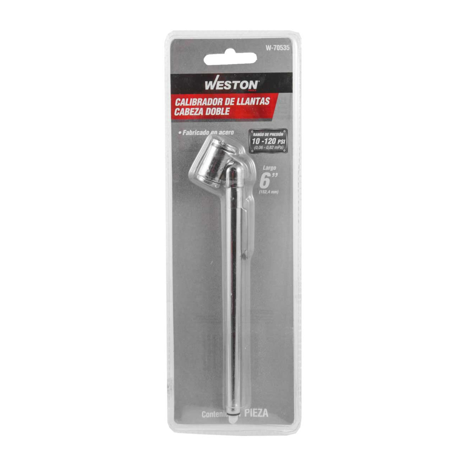 CALIBRADOR DE LLANTAS CABEZA DOBLE D/METAL C/CLIP 10 - 120PSI LARGO 6" - Imagen 2