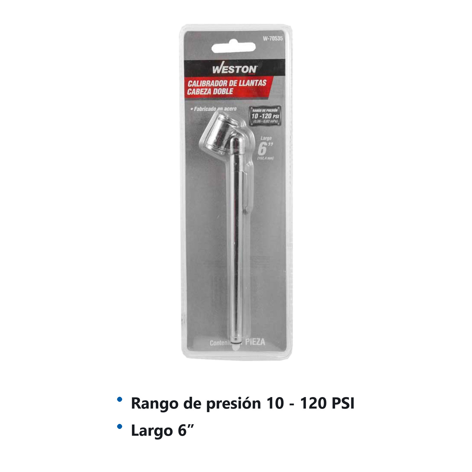 CALIBRADOR DE LLANTAS CABEZA DOBLE D/METAL C/CLIP 10 - 120PSI LARGO 6" - Imagen 3