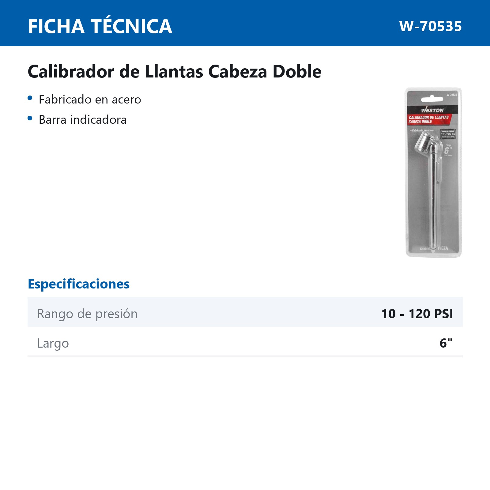 CALIBRADOR DE LLANTAS CABEZA DOBLE D/METAL C/CLIP 10 - 120PSI LARGO 6" - Imagen 3