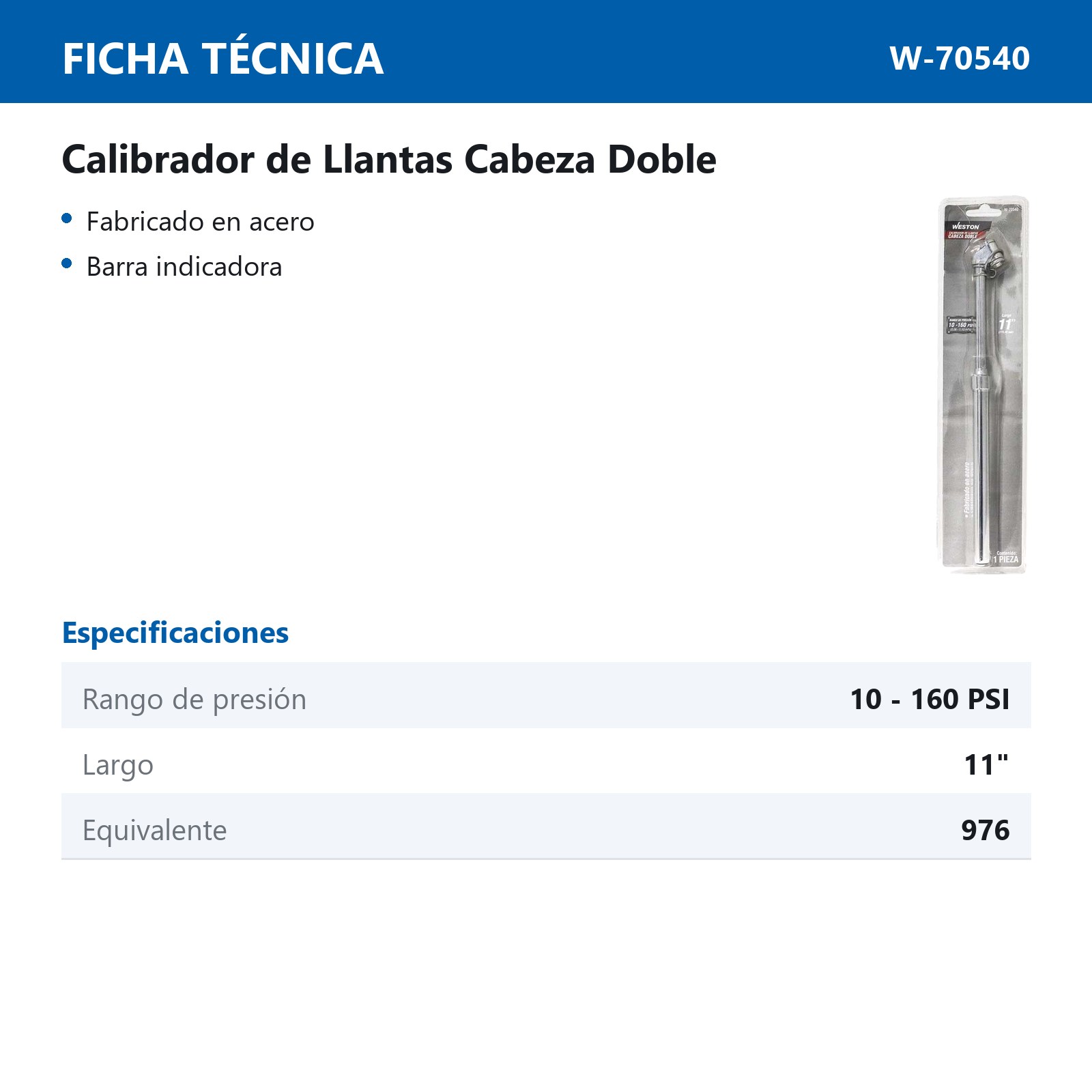CALIBRADOR DE LLANTAS CABEZA DOBLE D/METAL 10 - 160PSI LARGO 11'' - Imagen 3