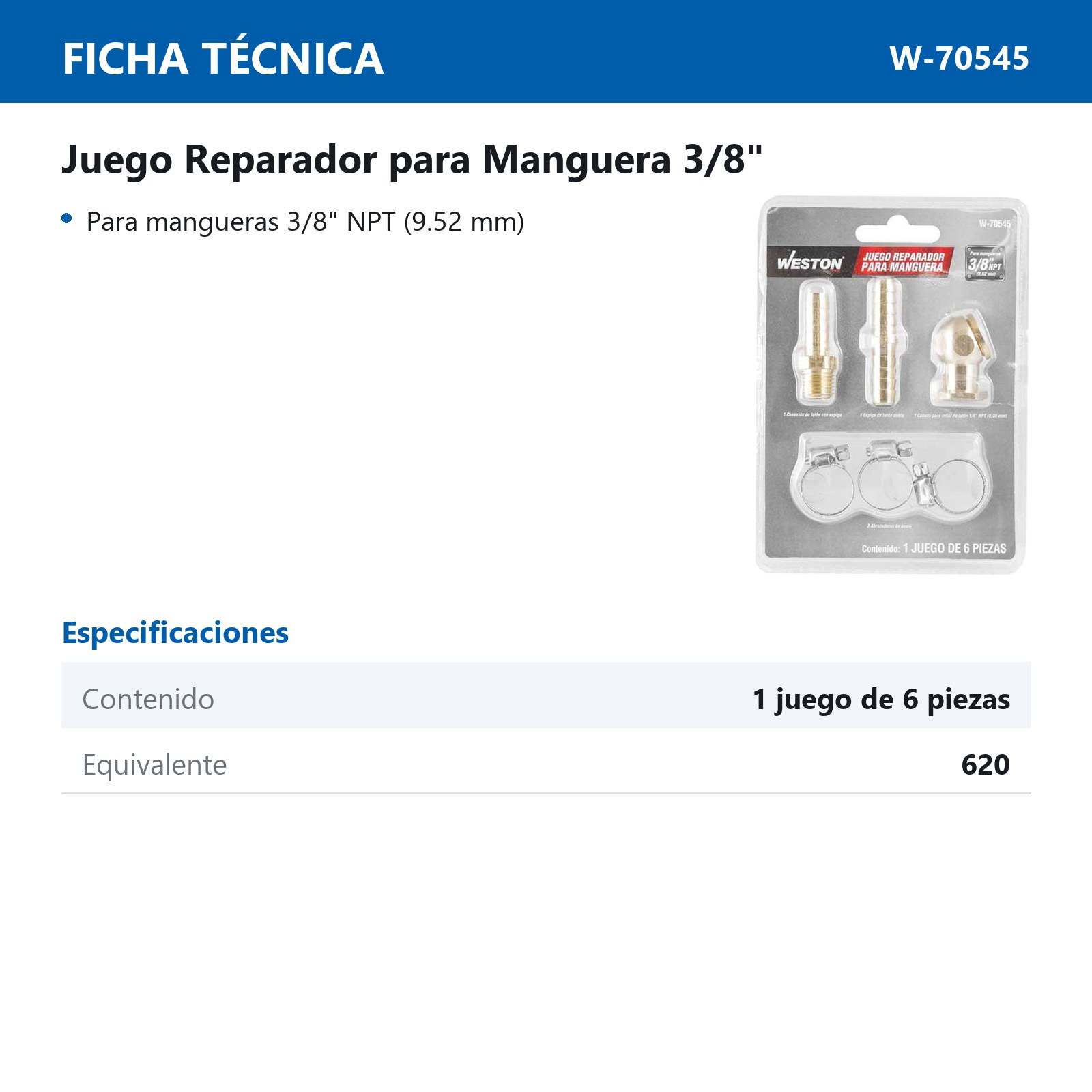 JUEGO REPARADOR PARA MANGUERA DE 3/8'', 6 PIEZAS - Imagen 3