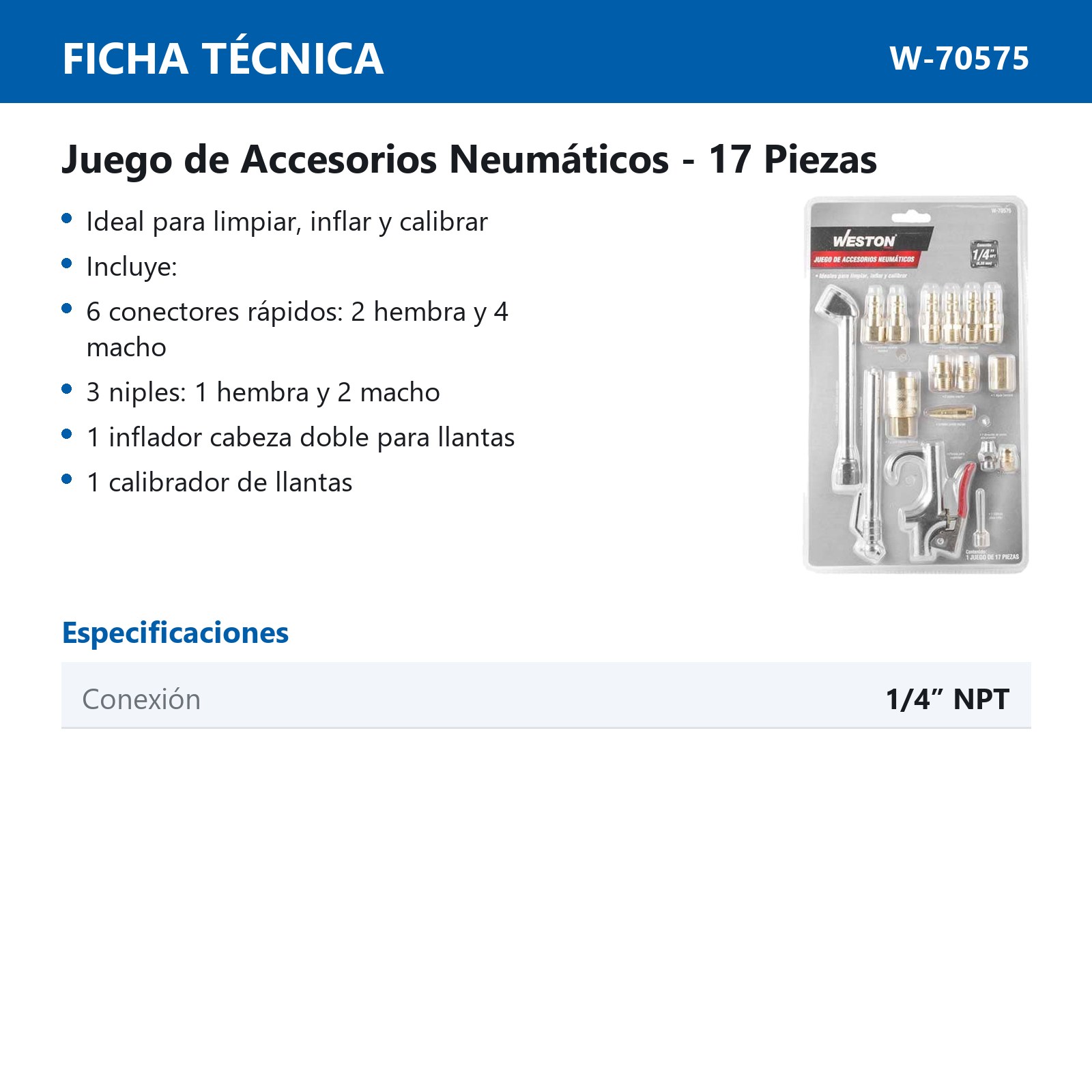 ACCESORIOS PARA COMPRESOR DE AIRE (JGO. 17 PIEZAS) 1/4'' NPT - Imagen 3