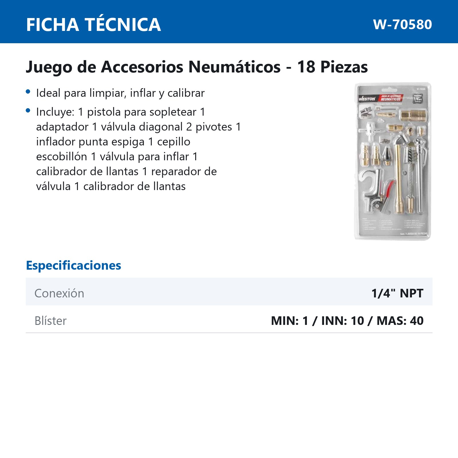 ACCESORIOS PARA COMPRESOR DE AIRE (JGO. 18 PIEZAS) 1/4'' NPT - Imagen 3