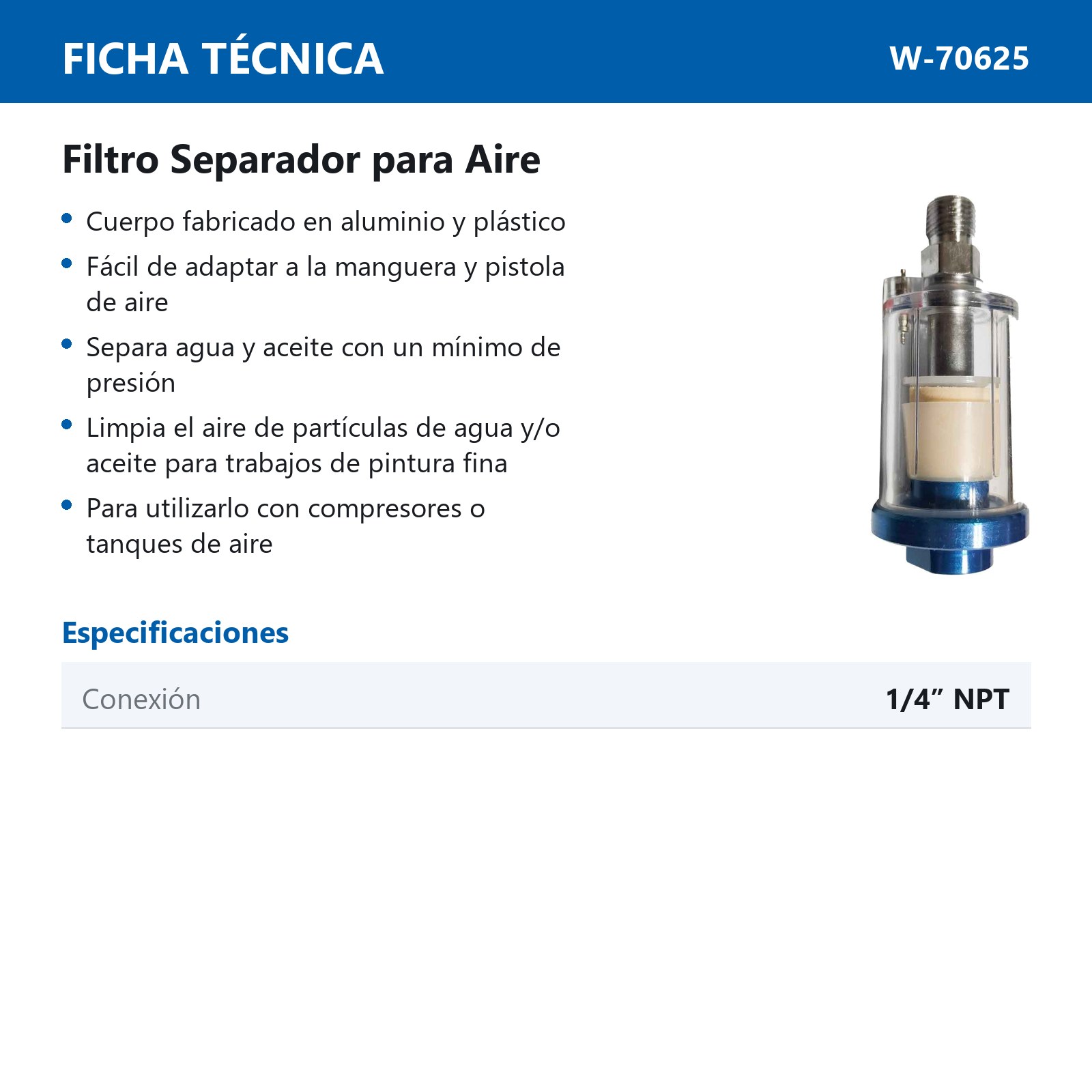 FILTRO SEPARADOR PARA AIRE 1/4'' NPT - Imagen 2