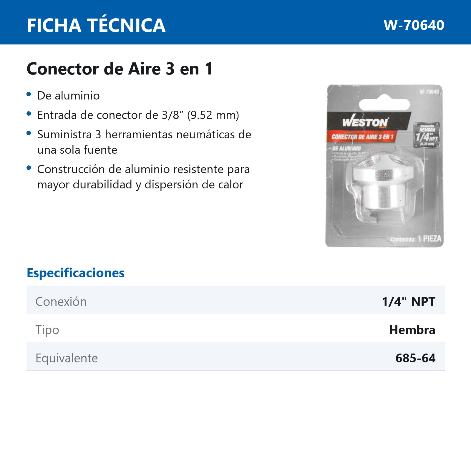 CONECTOR DE AIRE 3EN1 3/8'' NPT C/3 SALIDAS DE 1/4'' NPT - Imagen 2