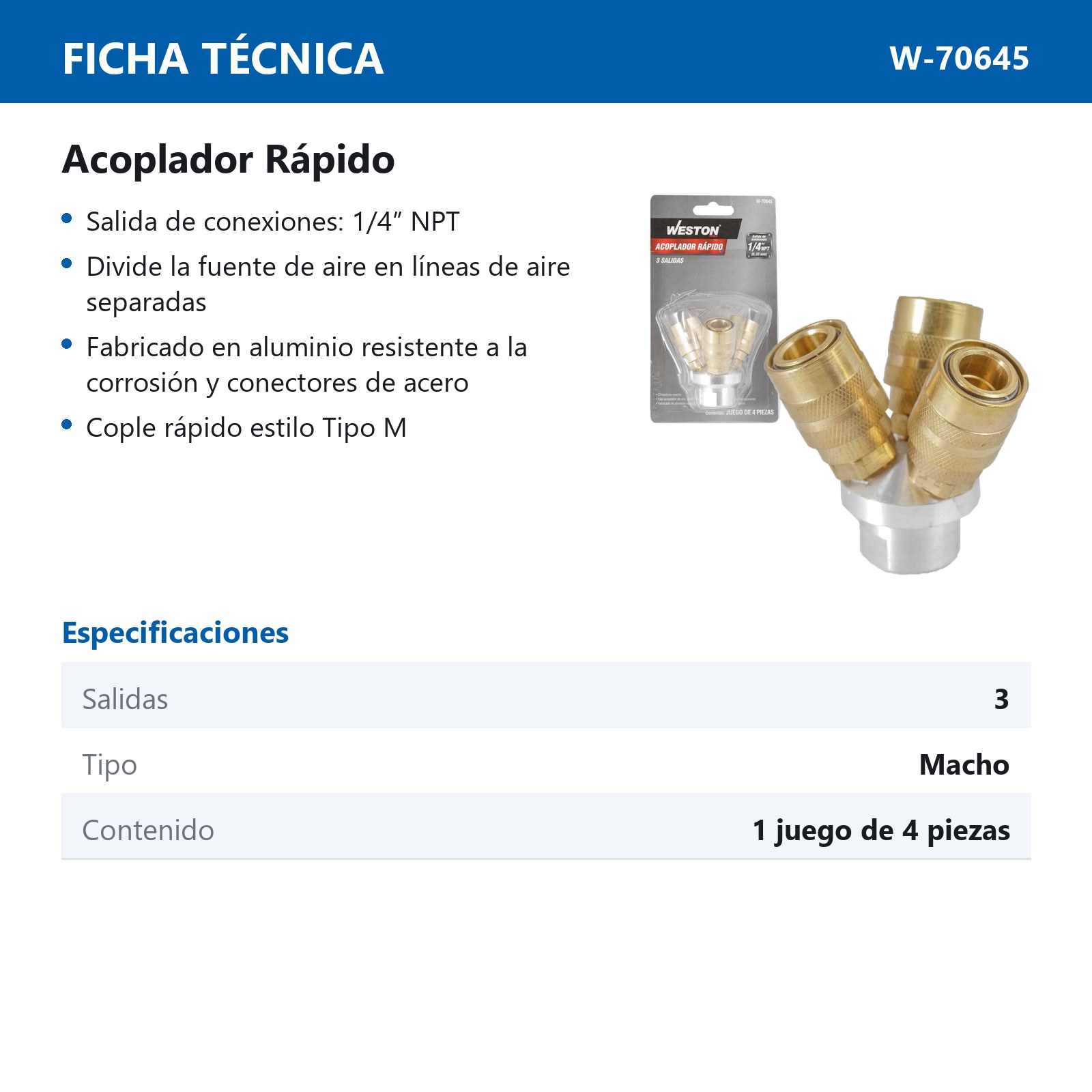 ACOPLADOR RAPIDO DE 3 SALIDAS 1/4'' NPT MACHO - Imagen 3