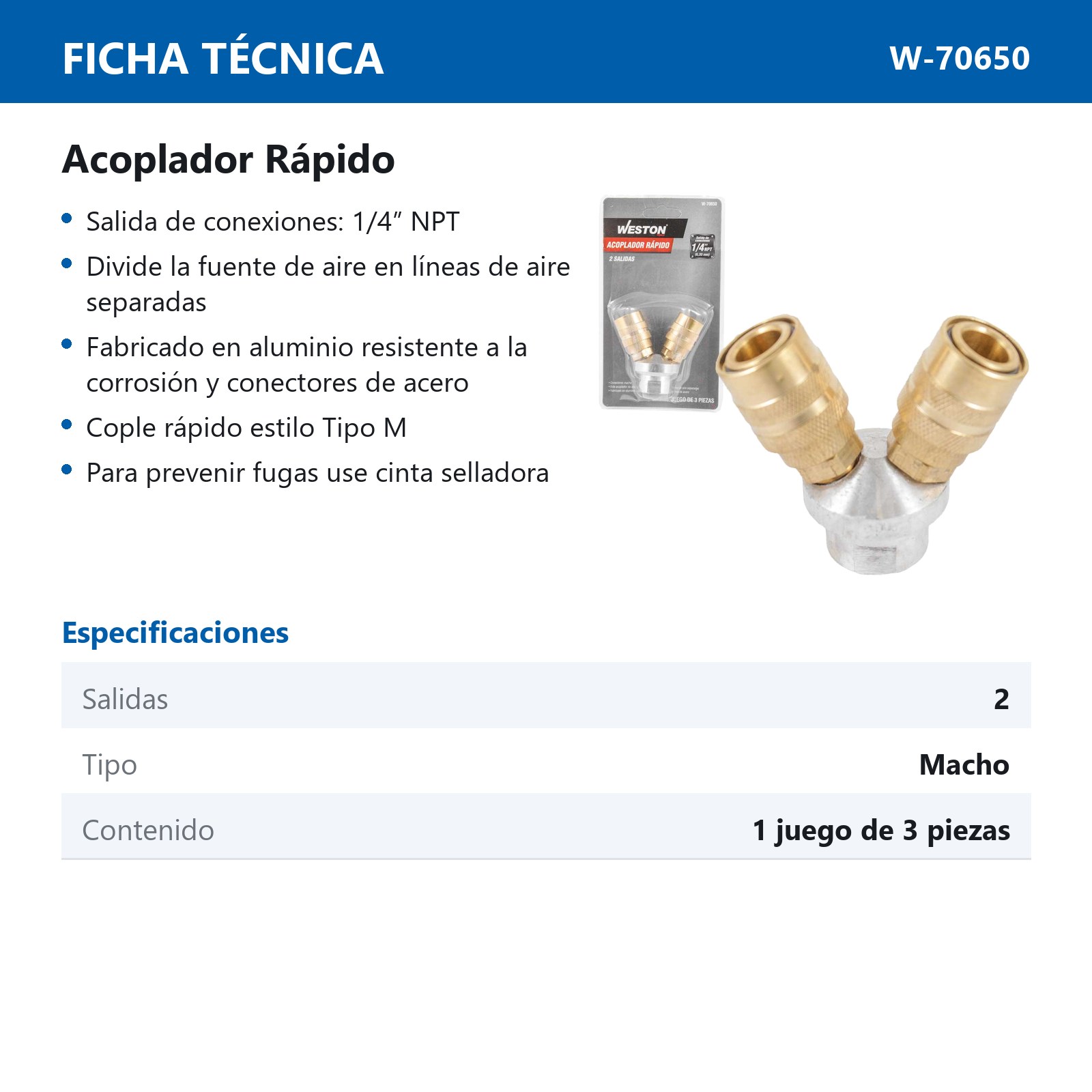 ACOPLADOR RAPIDO DE 2 SALIDAS 1/4'' NPT MACHO - Imagen 2