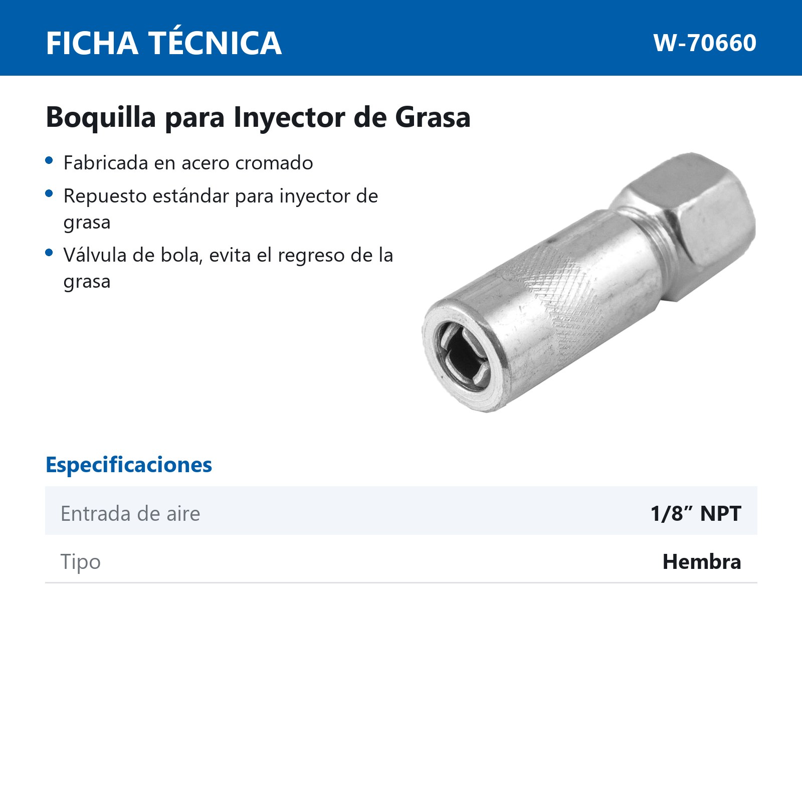 BOQUILLA P/INYECTOR DE GRASA 1/8'' NPT HEMBRA - Imagen 3