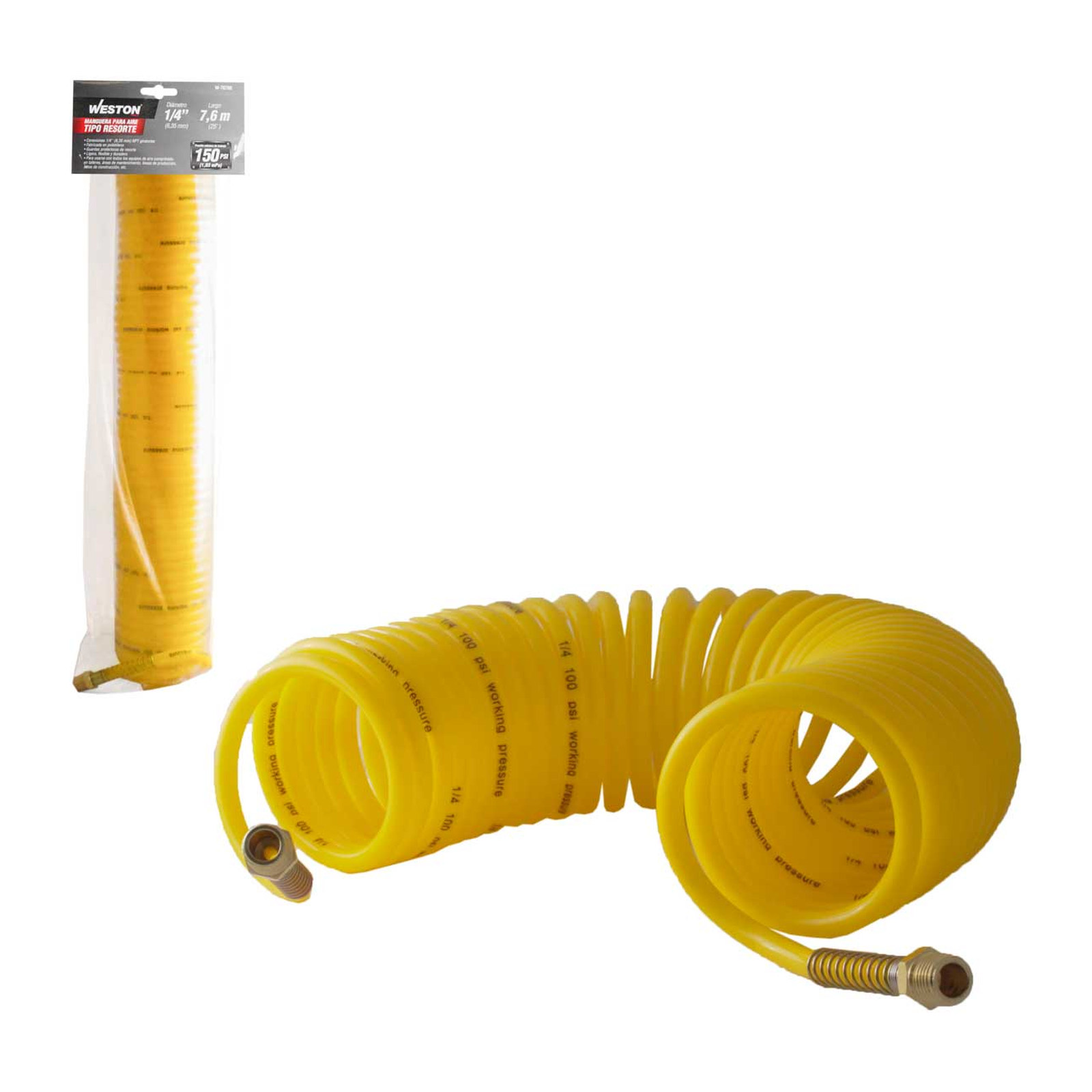 Weston Manguera para Aire Tipo Resorte en Polietileno Amarilla 1/4" x 25 ft con Conector 1/4" NPT