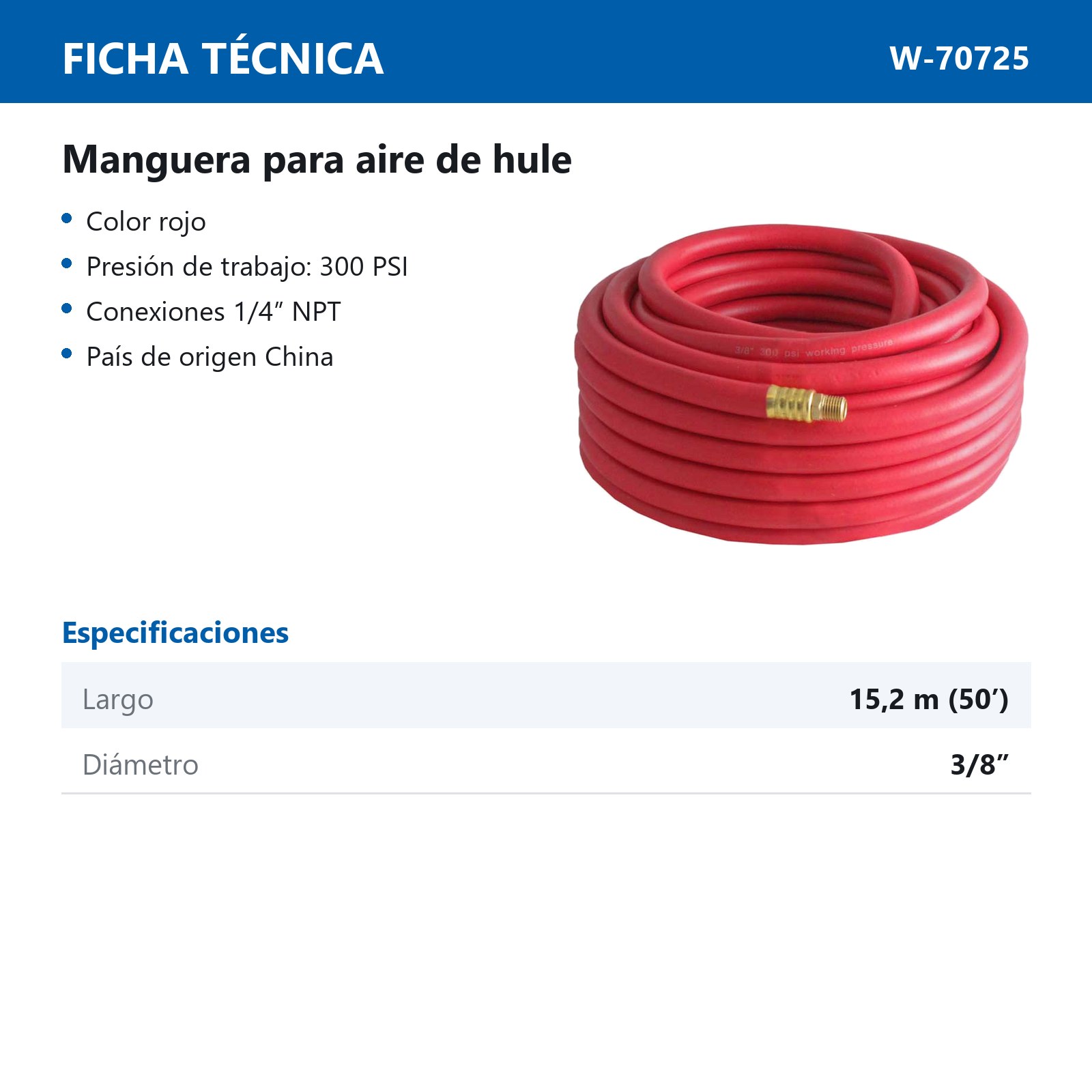 MANGUERA P/AIRE D/HULE ROJA 3/8'' X 50 FT CONECTOR 1/4'' NPT - Imagen 4