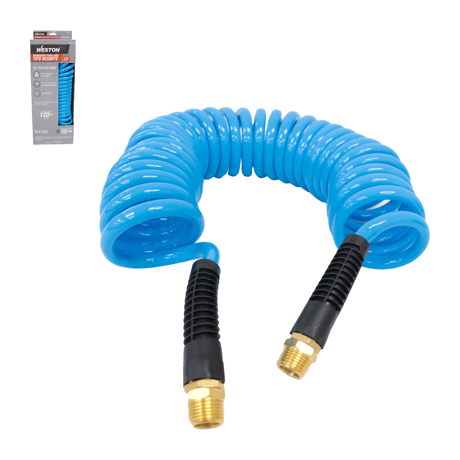 Manguera para Aire de Poliuretano Tipo Resorte 1/2'' x 25' con Conector 1/2'' NPT Weston