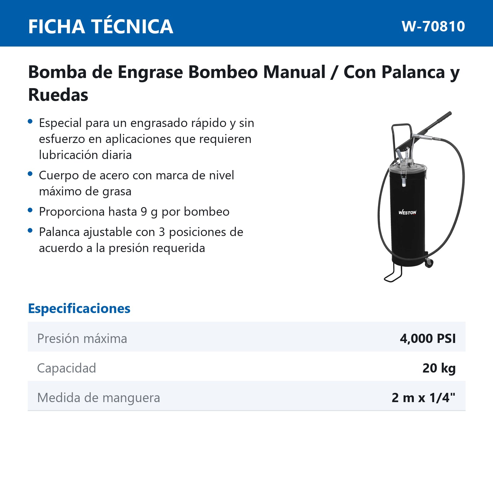 BOMBA D/ENGRASE 20KG C/MANGUERA 2M*1/4'' DI C/RUEDAS - Imagen 2