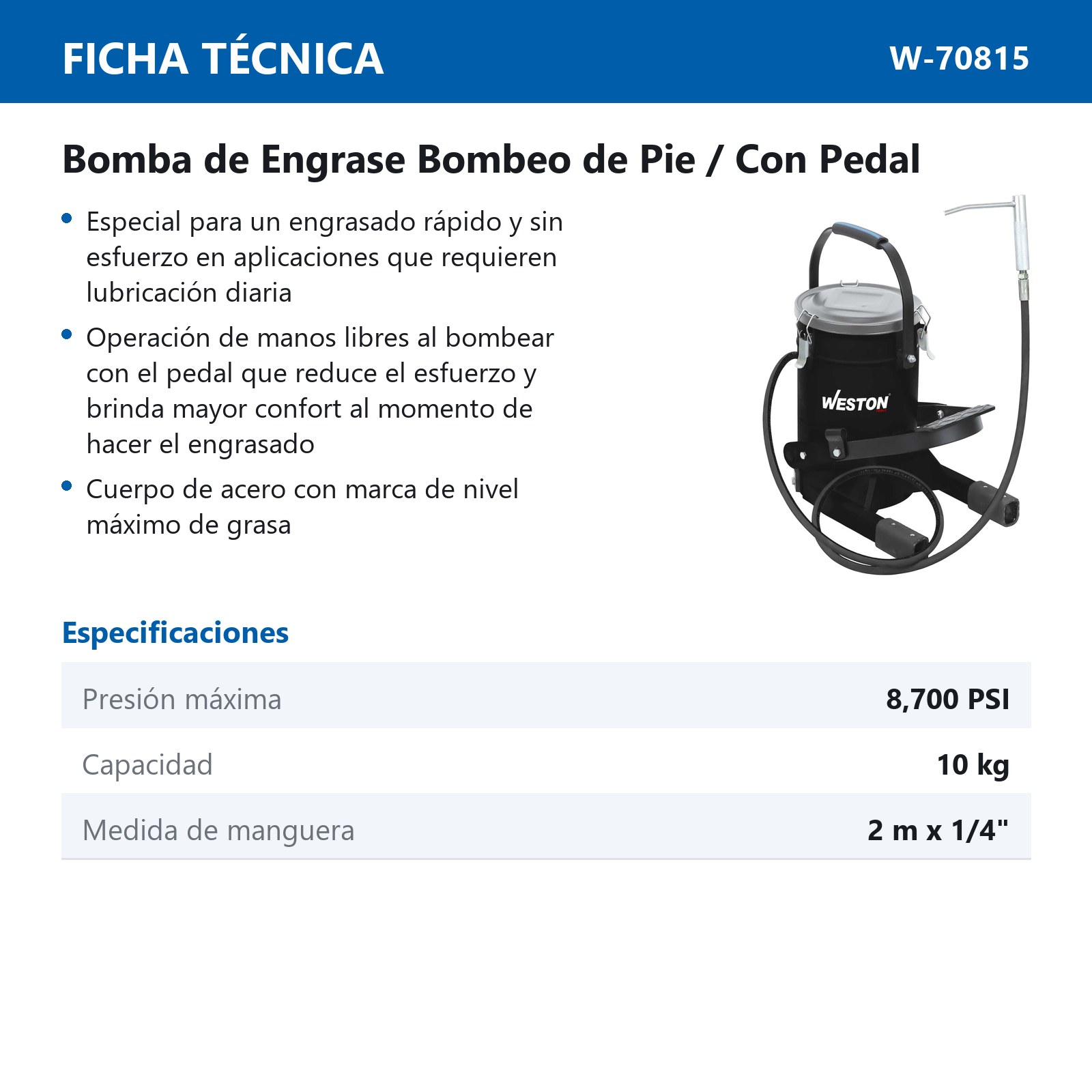 BOMBA D/ENGRASE D/PIE 10KG C/MANGUERA 2M*1/4'' DI - Imagen 2