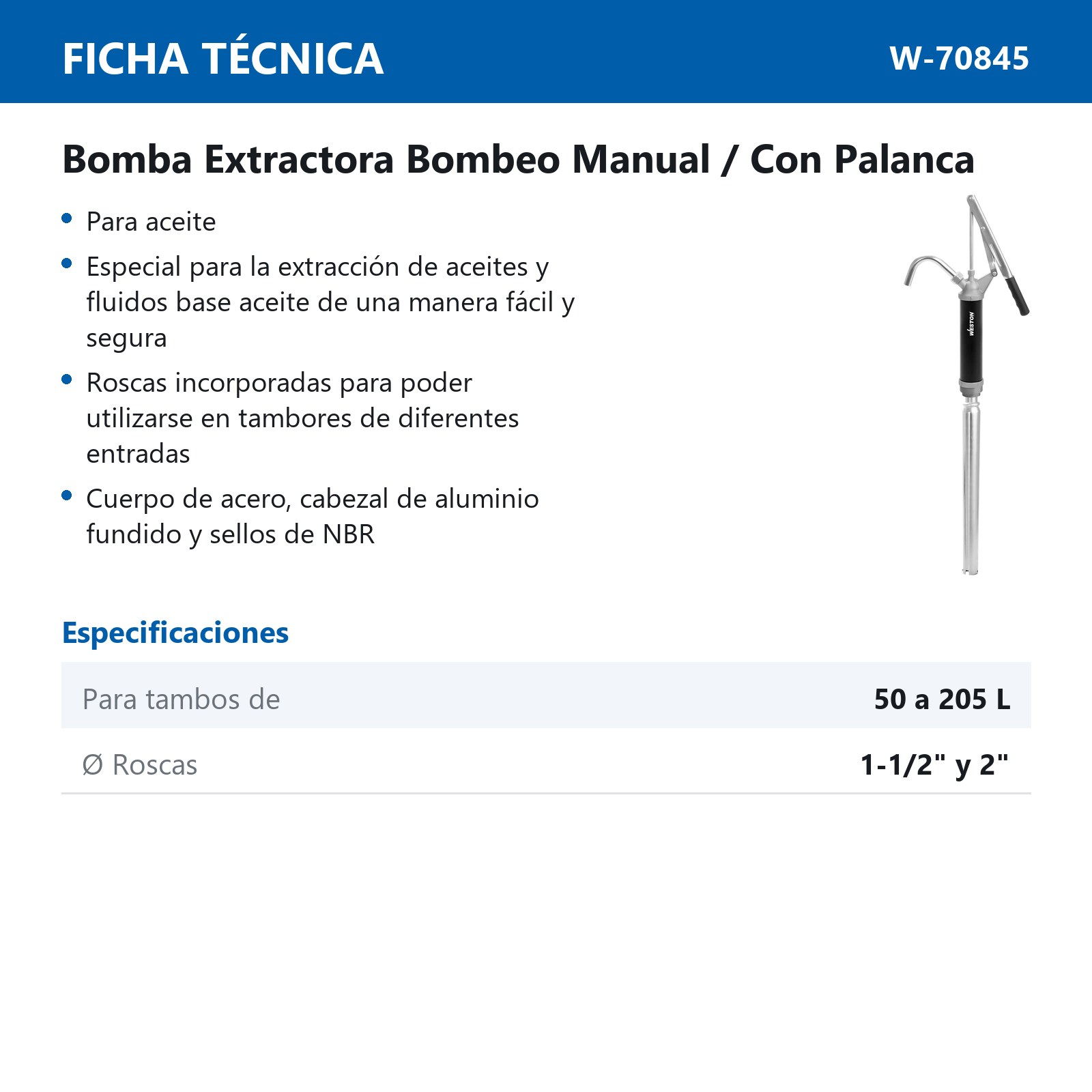 BOMBA D/PALANCA EXTRACTORA D/ACEITE P/TAMBO 50L-205L - Imagen 2