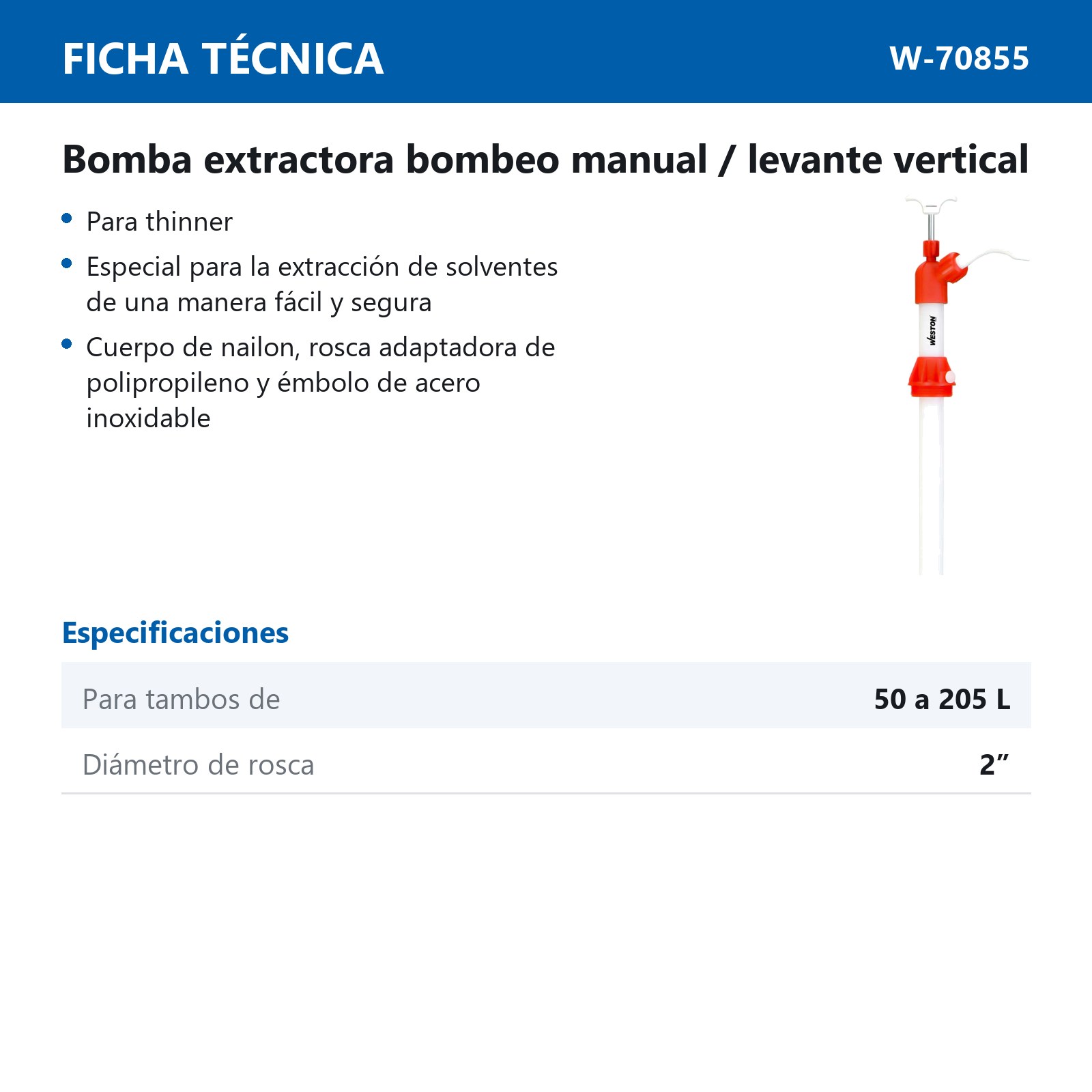 BOMBA D/LEVANTE VERTICAL P/THINNER P/TAMBO 50L-205L - Imagen 2