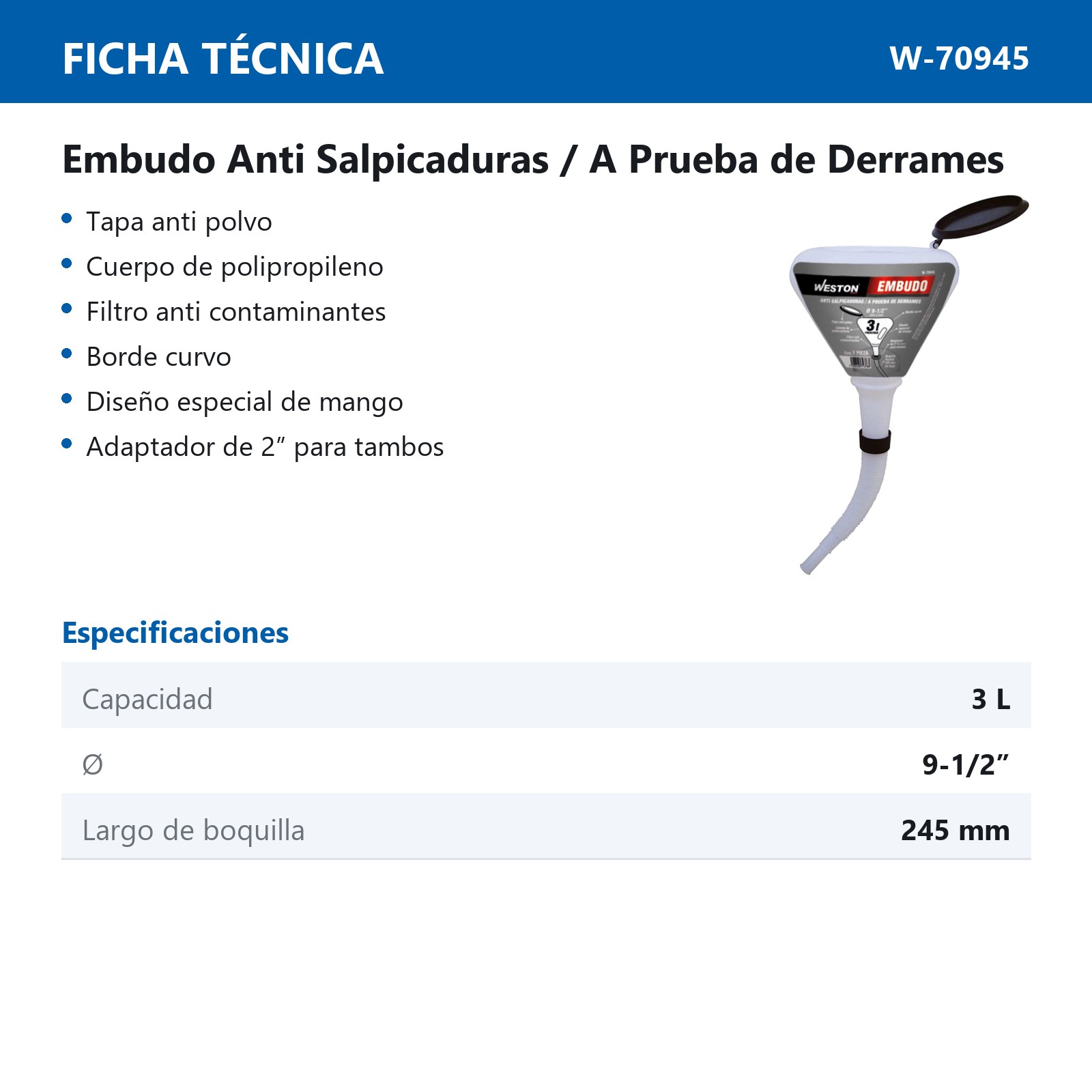 EMBUDO D/PLASTICO C/TAPA ANTIPOLVO 3L C/ADAPTADOR 2'' - Imagen 2