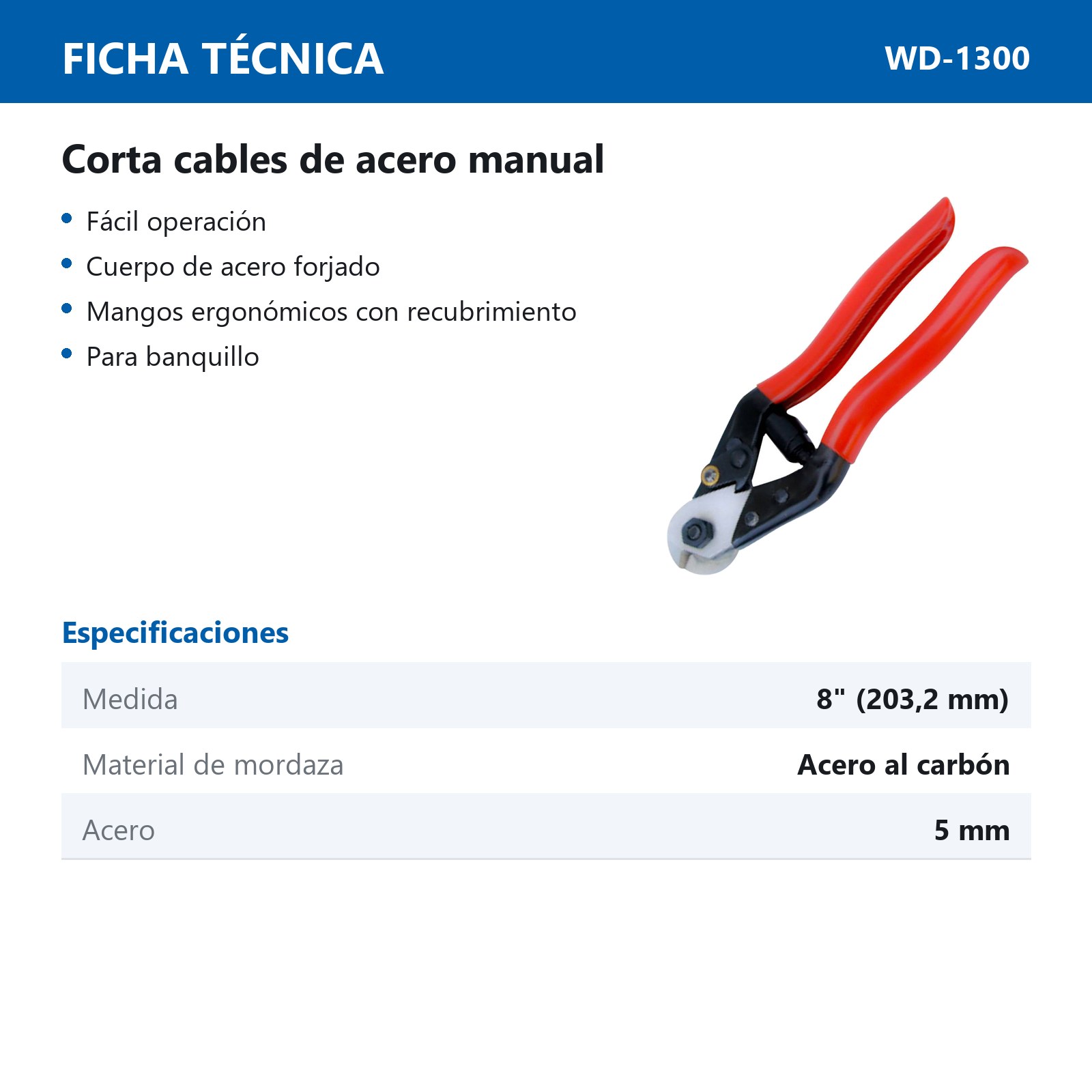 CORTACABLE DE ACERO MANUAL, 8",CAP. DE CORTE 5MM - Imagen 2