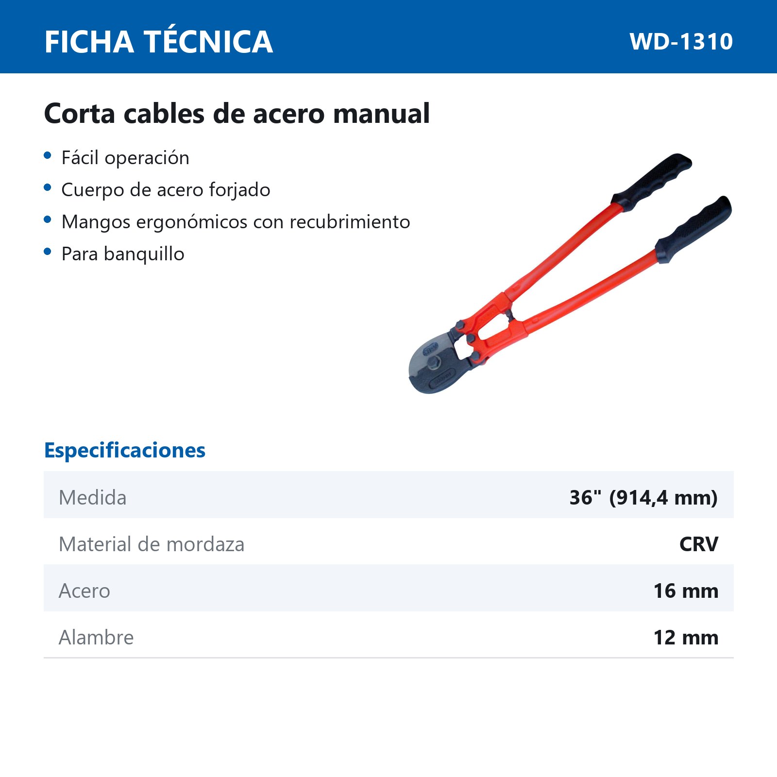 CORTACABLE DE ACERO MANUAL USO PESADO, 36 - Imagen 2